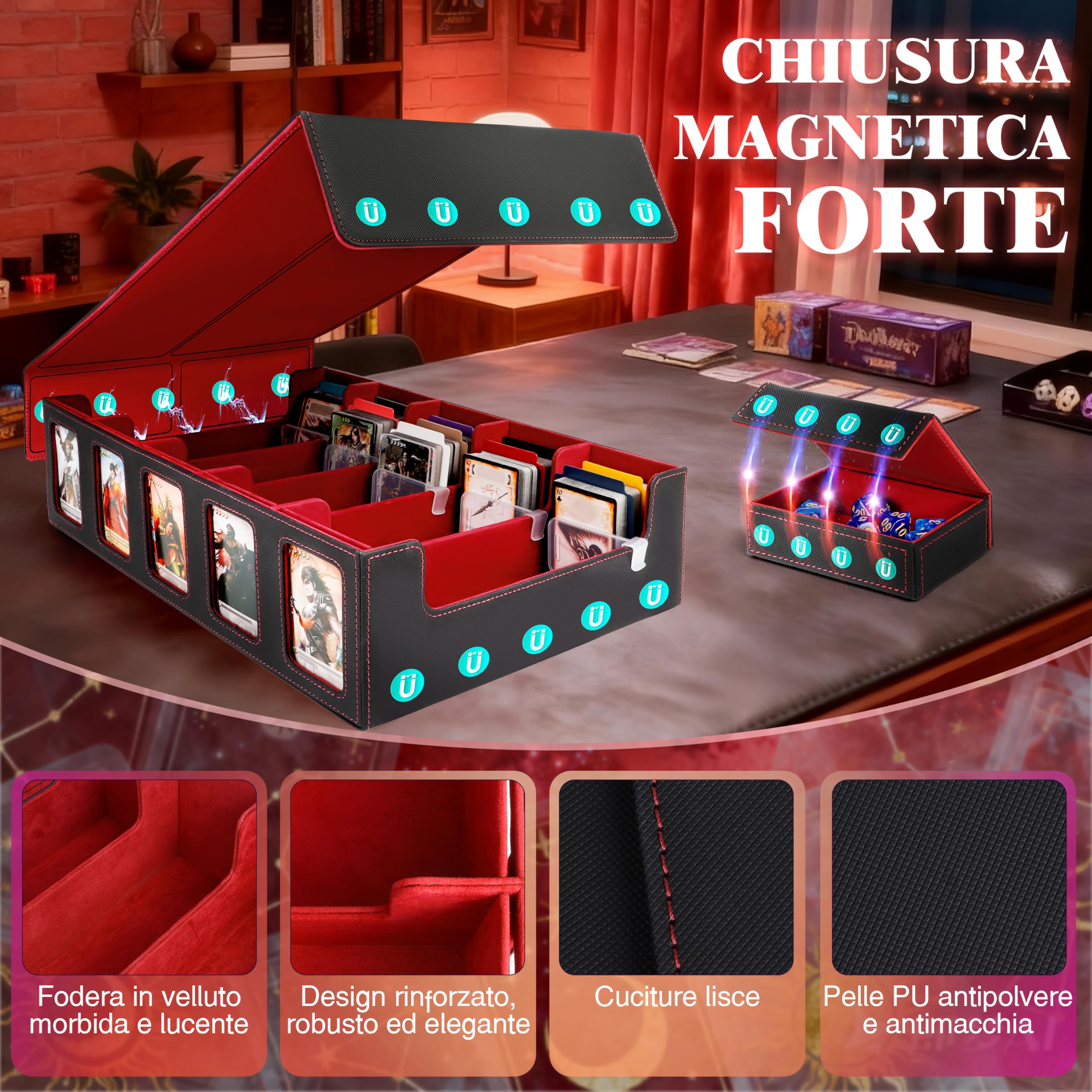 Charmofun Deck Box per Carte, Magnetic Scatola di Carte da Collezione per Oltre 2800+, Porta Deck con Pelle PU e Chiusura Magnetica, 10 Divisori per Carte, 4 Clip Divisorie (Rosso, 3000+)