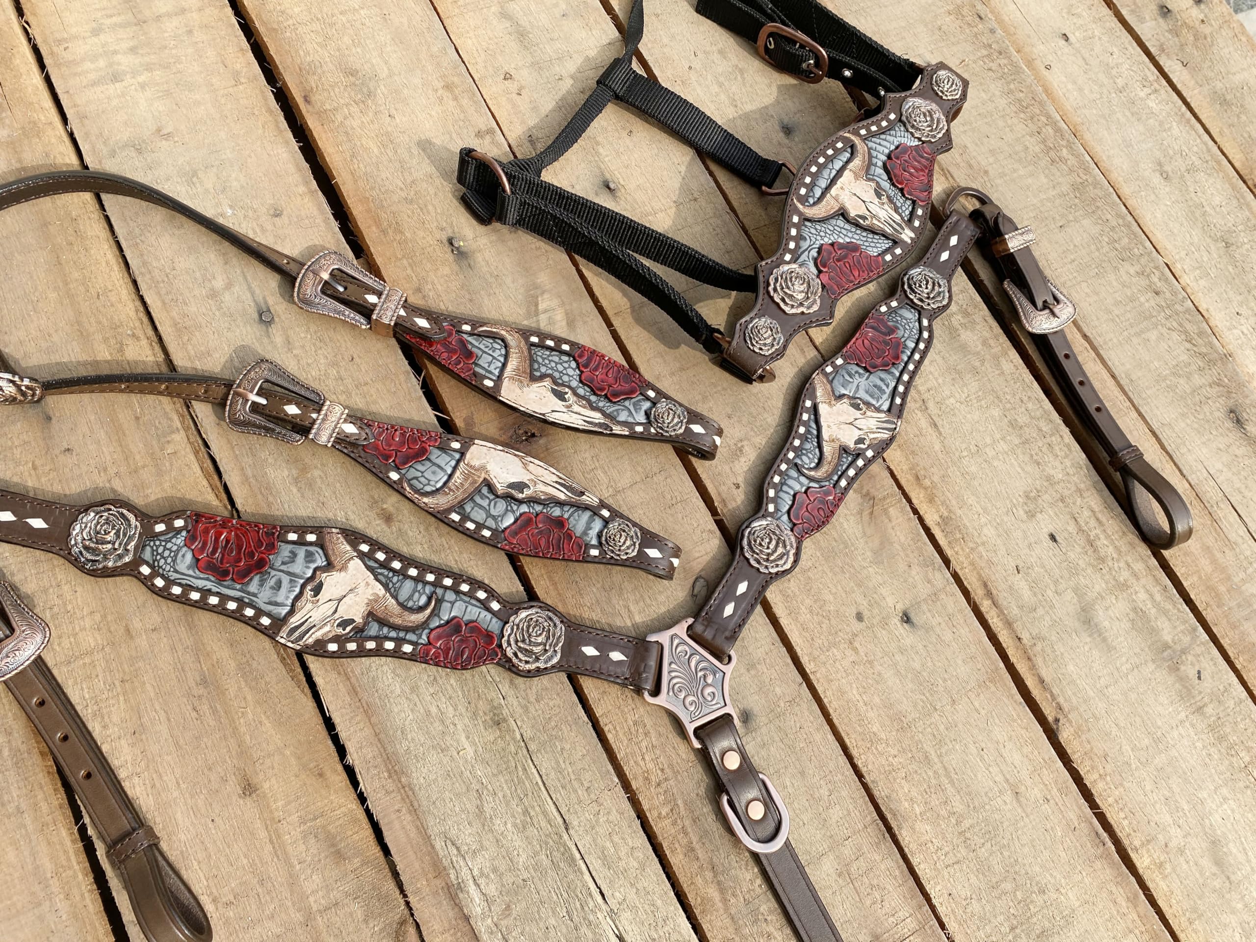 MOUSM Western Headstall and Breast Collar Set, Bronc Halter for Horse, Tooled Design, Alligator Inlay All Item (Head Stall Set & Bronc Halter)