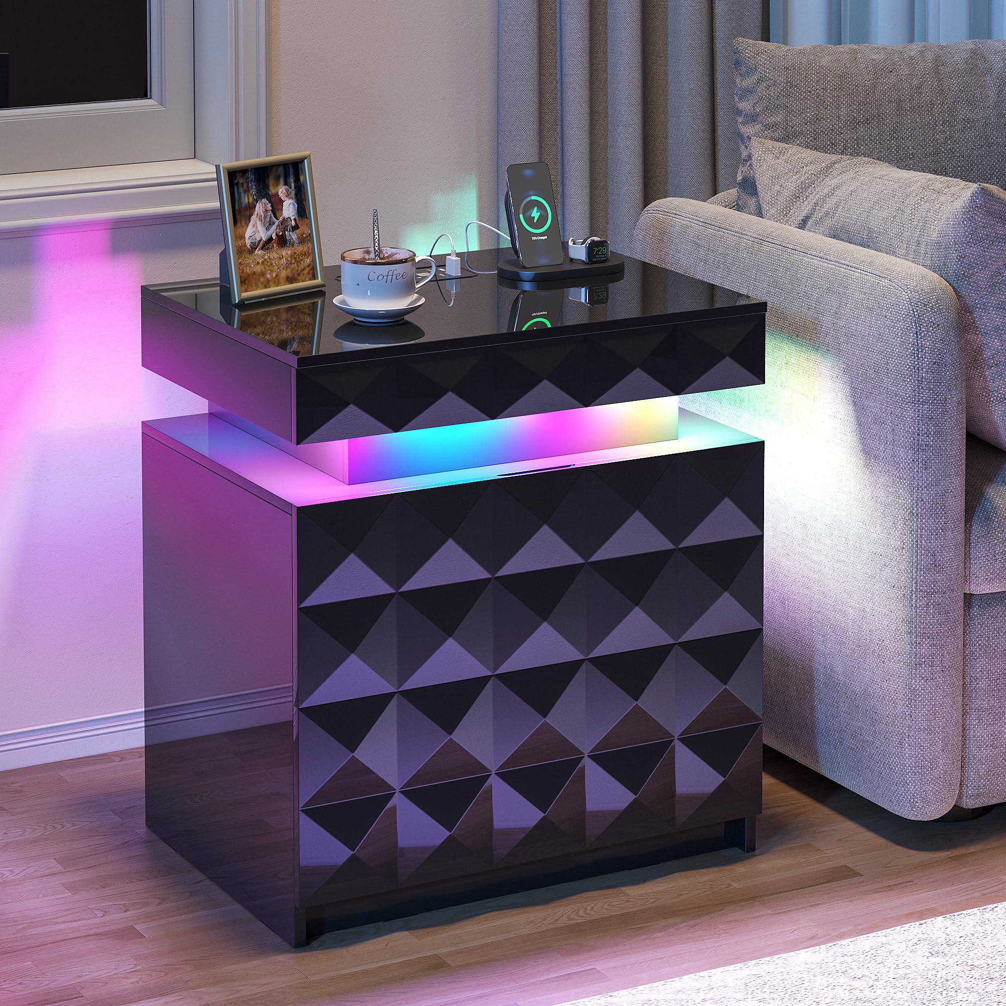 FREDEES RGB Bedside Table with Hidden Storage for Bedroom, Black