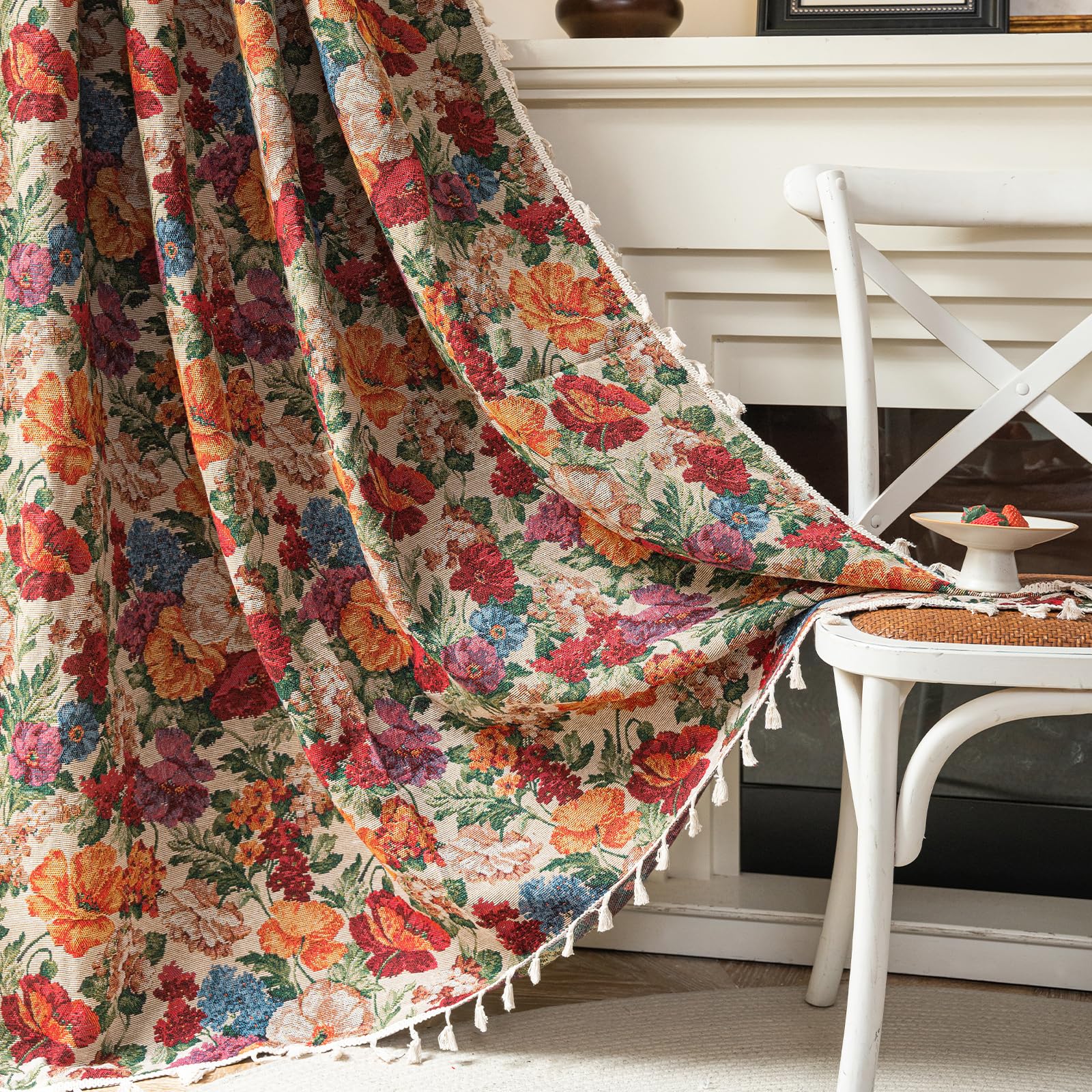 ENJOYBRIDAL Floral Curtains 84 Inches Long Semi Sheer Floor Length Drapes Bedroom Rod Pocket Jacquard 2 Panels Window Curtains Farmhouse Boho Tassel