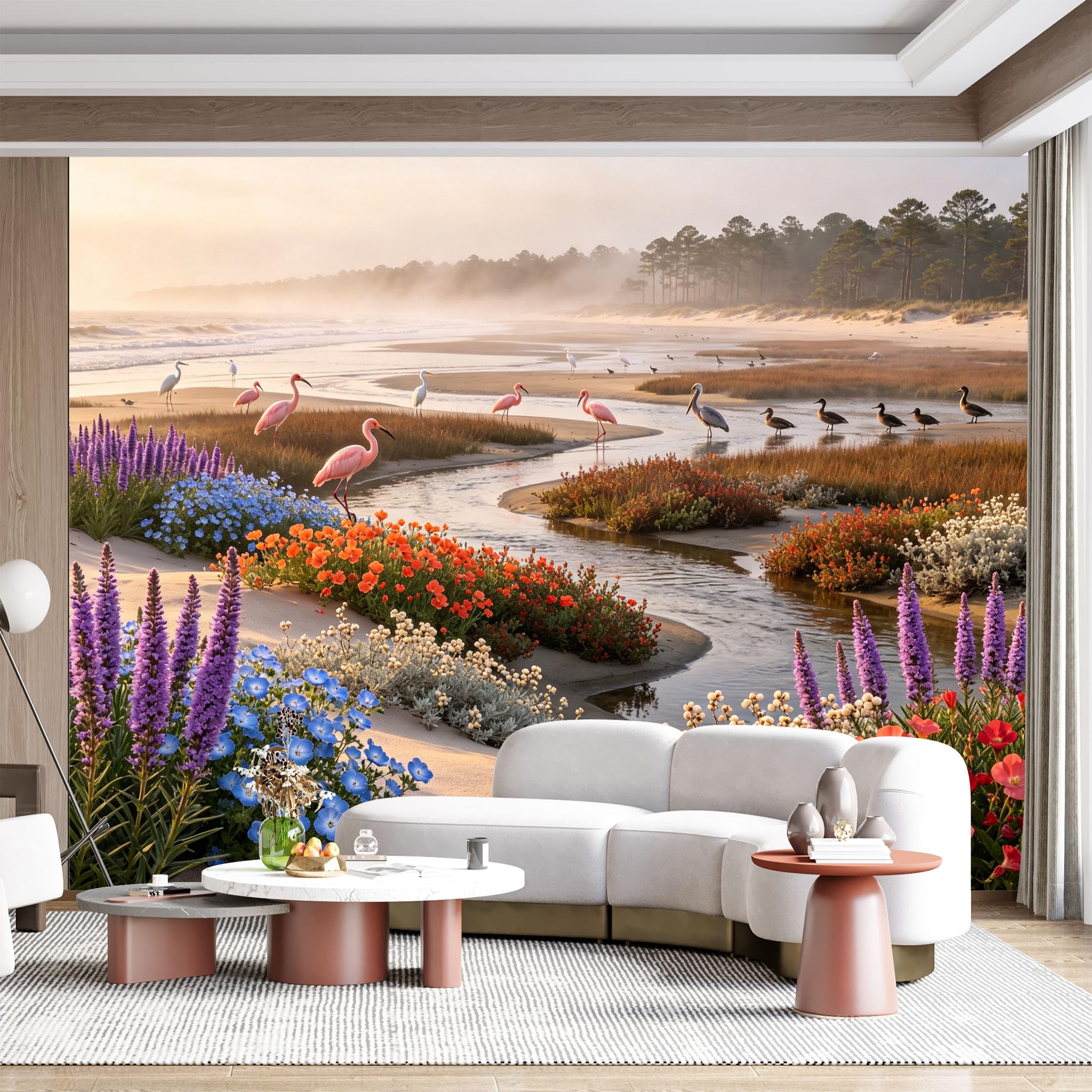 Custom Size Wall Mural Coastal Marsh Landscape Flamingos Egrets Watercolor Floral SelfAdhesive Wall Fabric Removable for Home Office Decor
