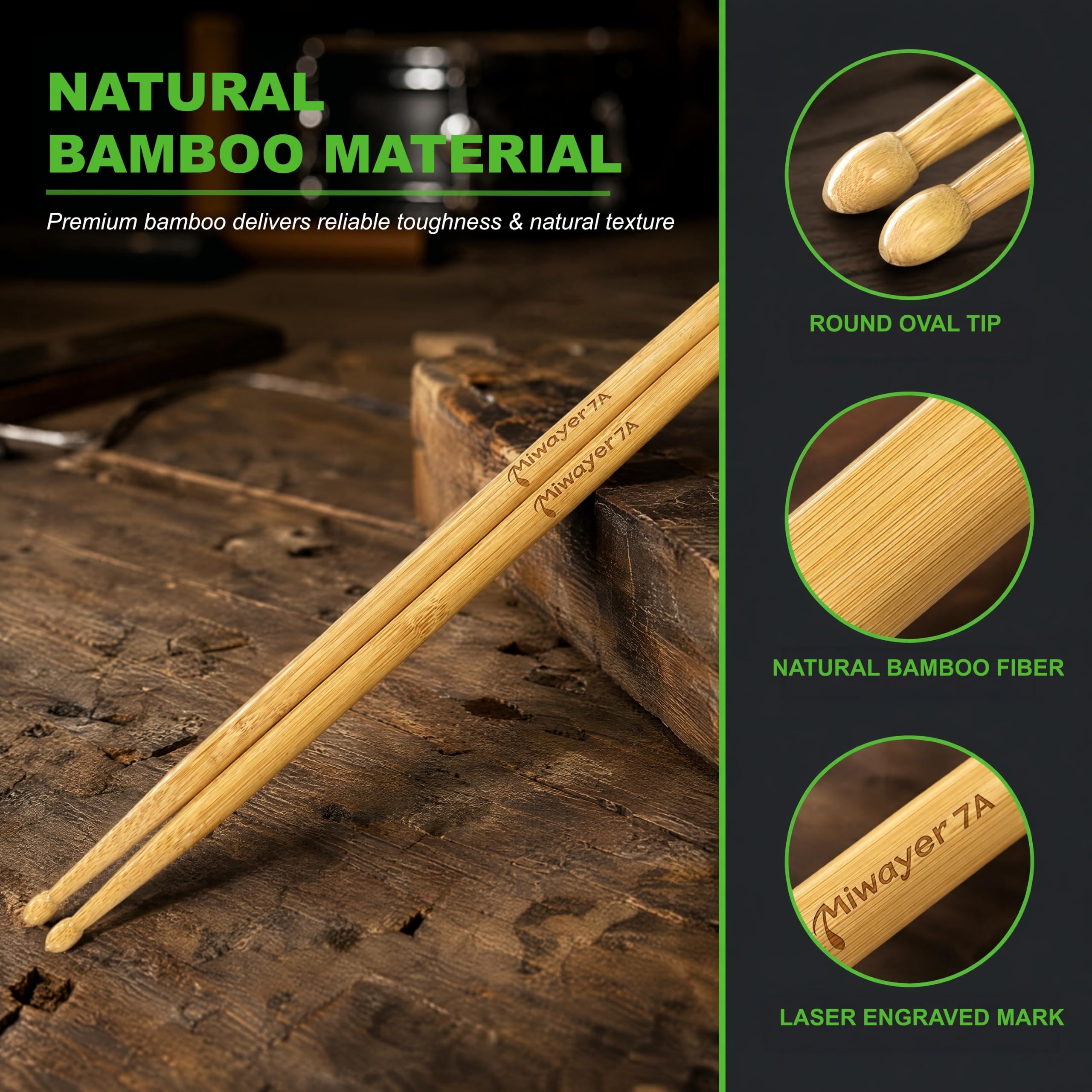 Miwayer Lot de 6 paires de baguettes en bambou 7A de 15,2 cm légères et durables avec embouts en forme de goutte pour instrument de musique et percussion (bambou 7A 6 paires)