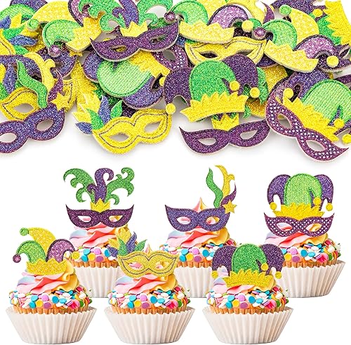 24 piezas de decoraciones para magdalenas de Mardi Gras con purpurina para bricolaje mini ratón para magdalenas comida frutas para mascarada fiesta