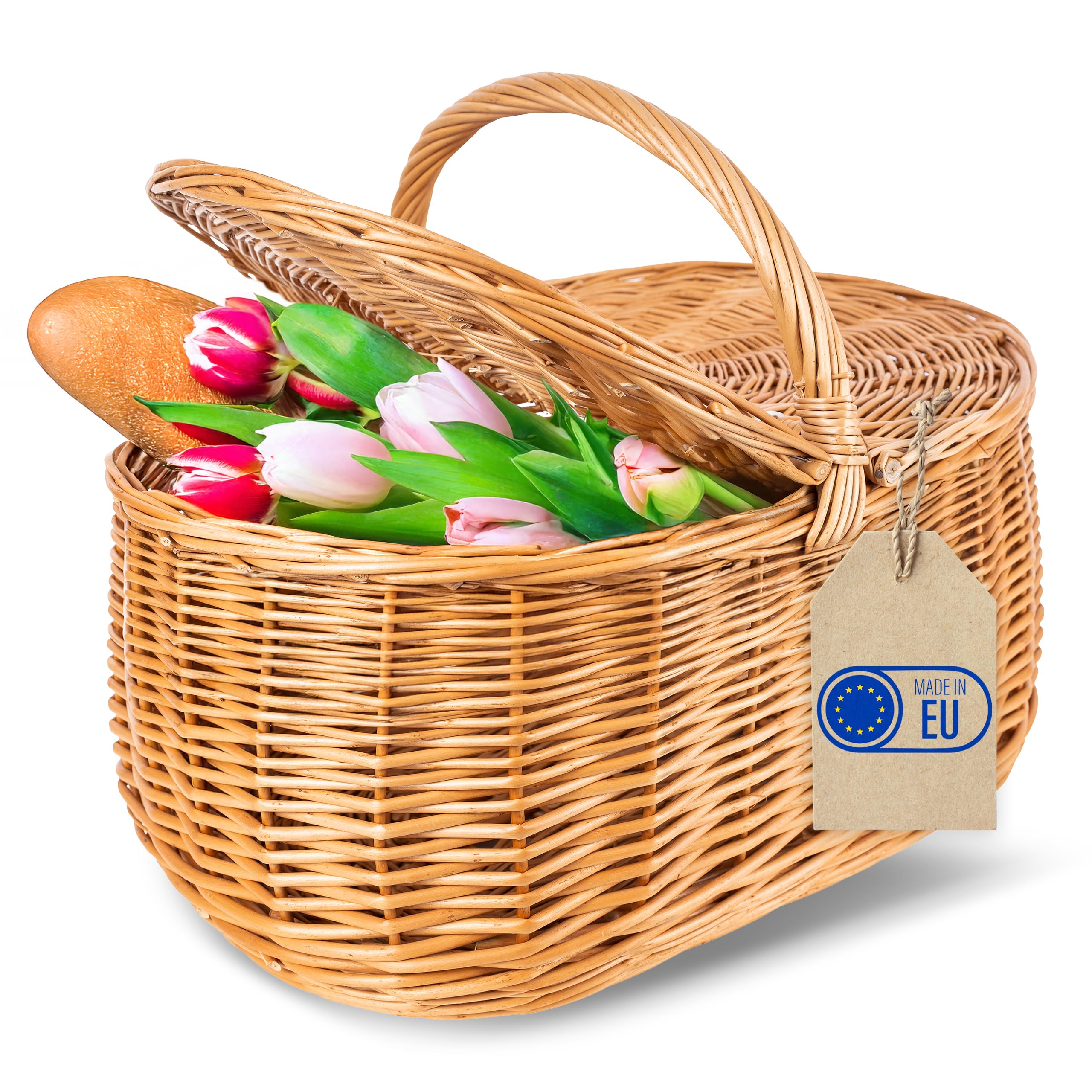 Creative Home Cesta de Mimbre Grande con Asa y Tapa Picnic | 45 x 30 x 38cm (+/- 2cm) Ligera | para Compra Regalo Plantas Decoración | Tejida a Mano | Marrón Natural | Multiuso, Práctica y Duradera