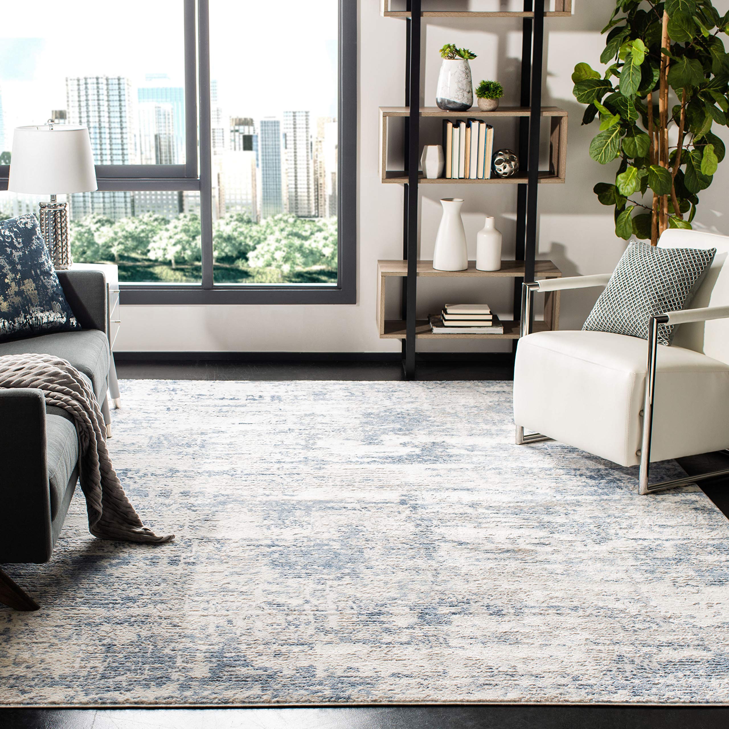 SAFAVIEH Amelia Collection Area Rug - 11' Square, Ivory & Blue, Modern Abstract Design, Non-Shedding & Easy Care, Ideal for High Traffic Areas in