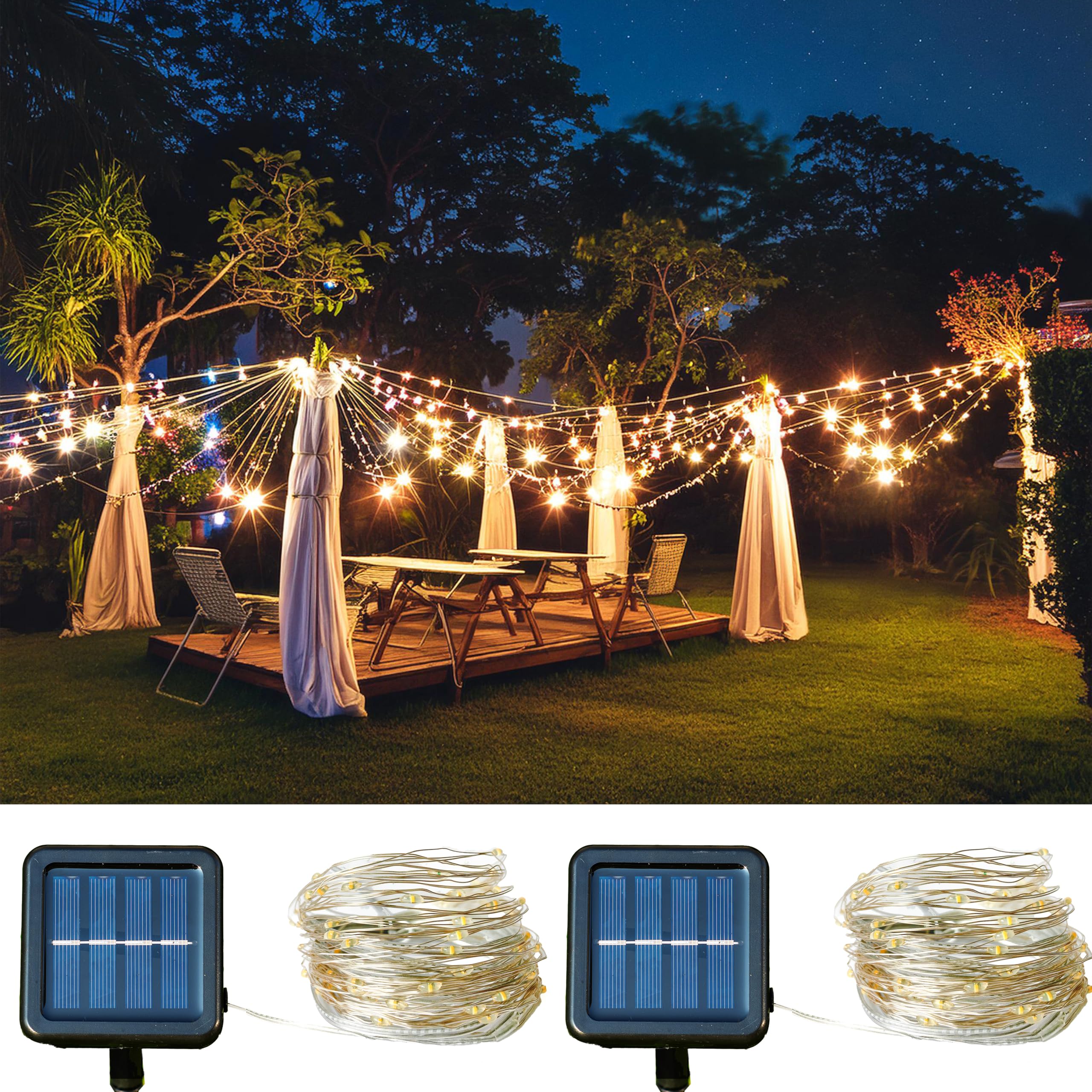 Liiisi Luces Solares Led Exterior Jardin,2PCS x 22M-200LED Guirnaldas, 8 Modos Cadena de luz solar exterior, Decoracion para Exterior, Interior, Jardín, Bodas, Fiestas, Terraza, Luz Cálida