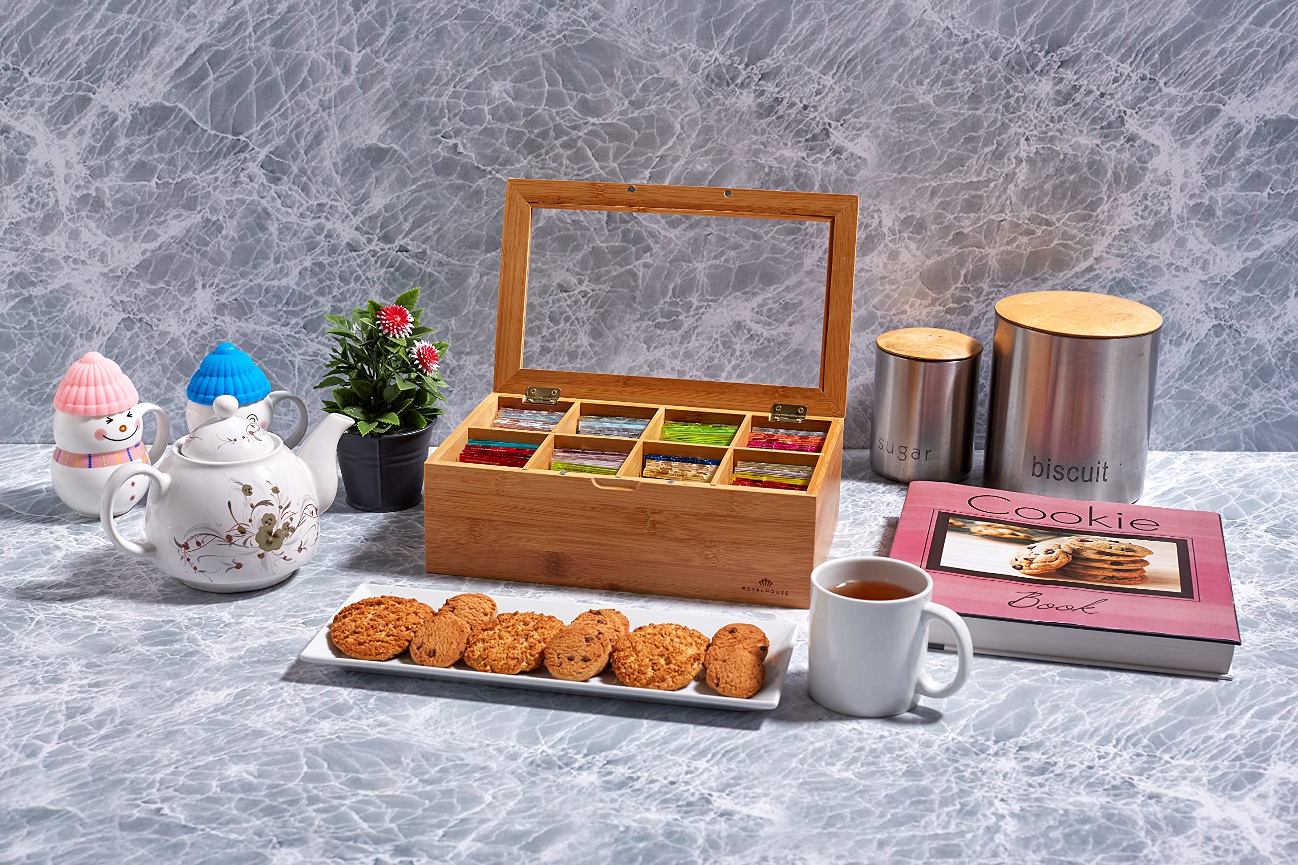 RoyalHouse Big Natural Bamboo Tea Box Storage Organizer, 8 Compartments