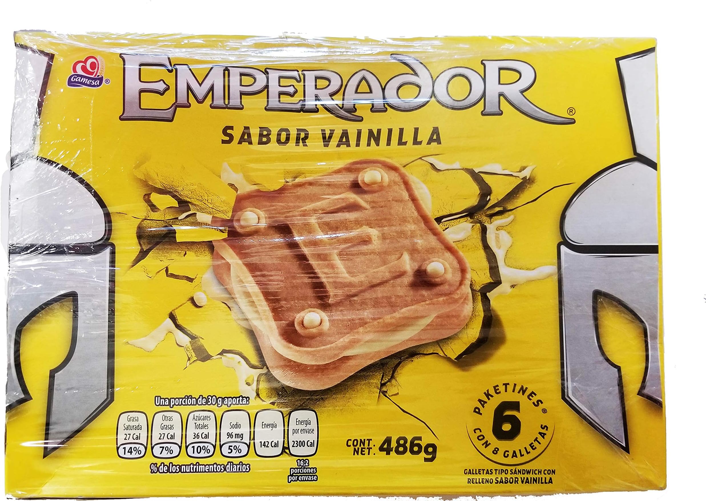 Gamesa Emperador Vanilla Sandwich Cookies. Delicious Mexican cookies with vanilla flavor filling. 1 Box (6 packets). Great with milk or coffee.