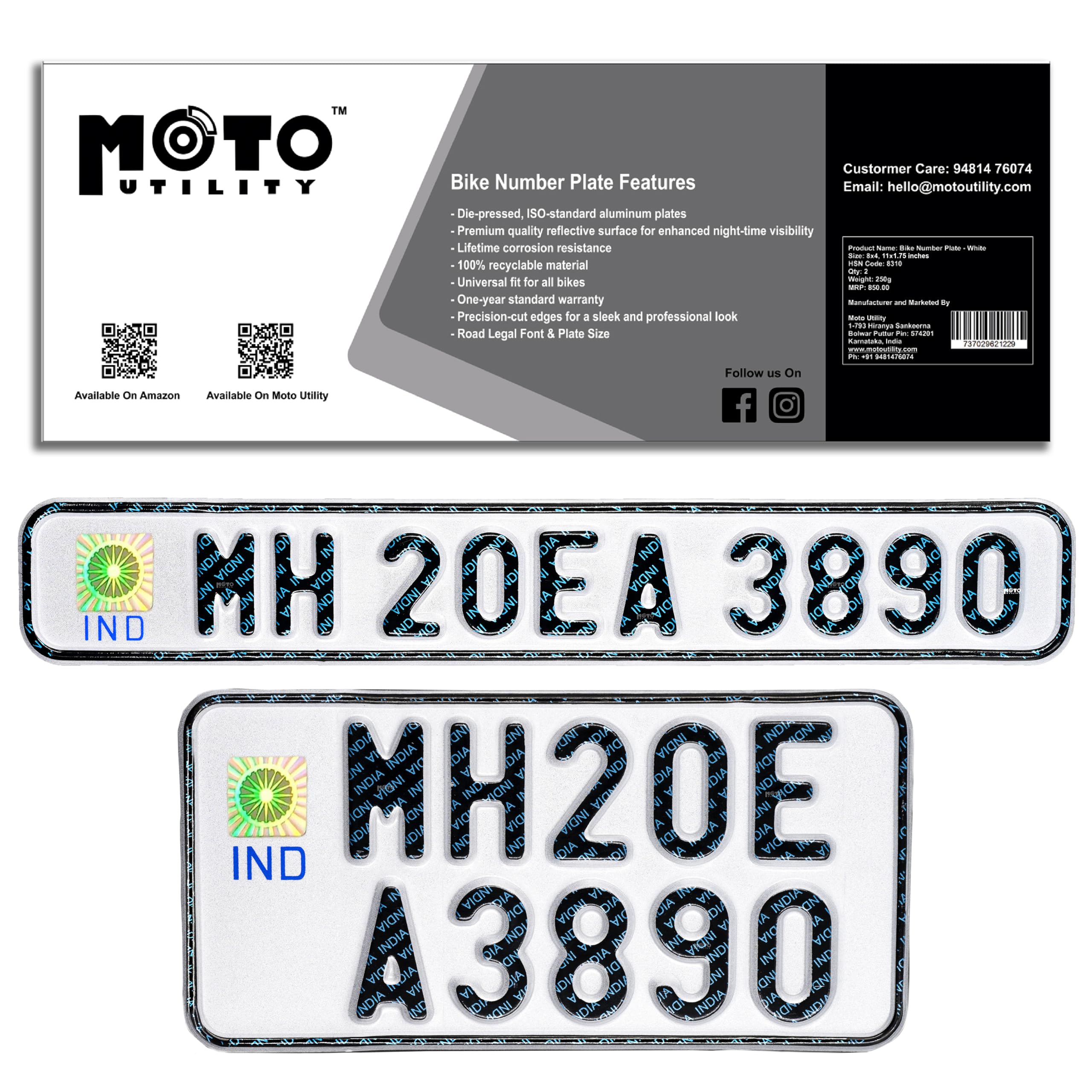 Customizable Bike Number Plate – Die Pressed Aluminium Plate, Non-HSRP, No Barcode, Color Radium White, Front (11x2) & Rear (8x4) – Fits All Two Wheelers.