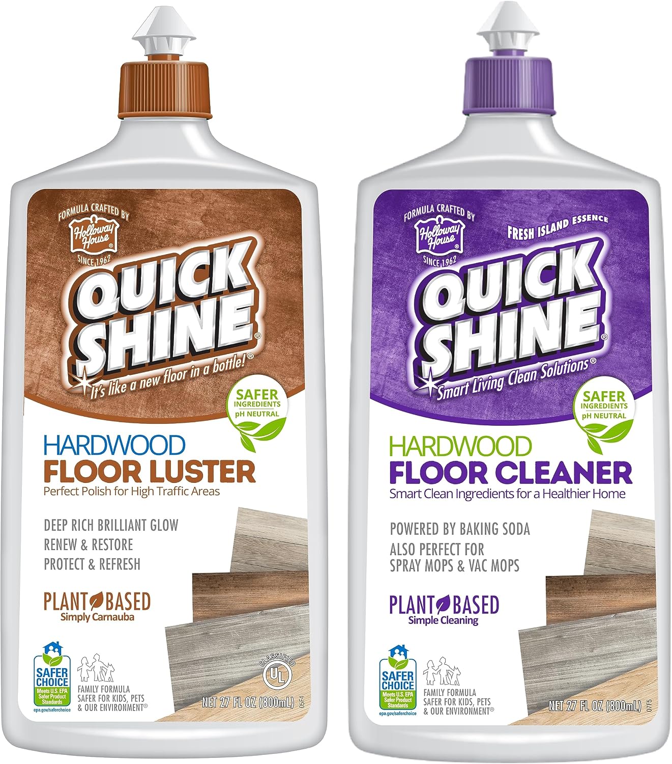 Quick Shine 2 Pack Smart Combo- Includes 1 Hardwood Floor Cleaner & 1 Floor Polish-Luster w/ Plant-Based Carnauba 27oz | Safer Choice | A Clean That Can Be Seen!