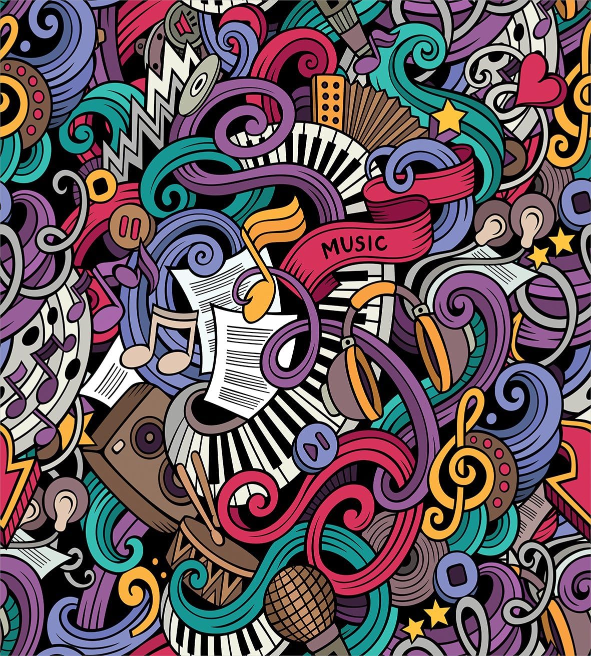 Ambesonne Hipster Duvet Cover Set, Music Themed Hand Drawn Abstract Instruments Microphone Drums Keyboard Stradivarius, Decorative 2 Piece Bedding Set with 1 Pillow Sham, Twin Size, Coral Purple Twin Coral Purple