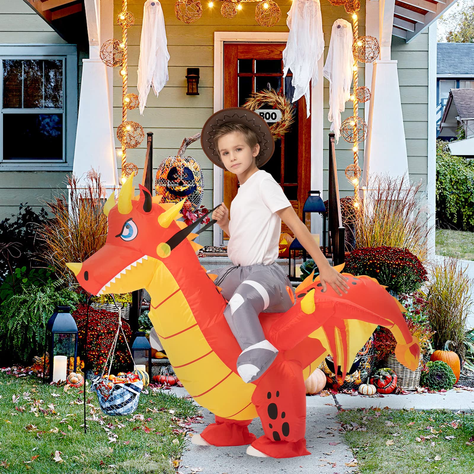 WpondDragon Inflatable Costume Riding a Fire Dragon Air Blow-up Deluxe Halloween Costume - Child Size,for Boys Girls, Funny Ride On Dinosaur Costume