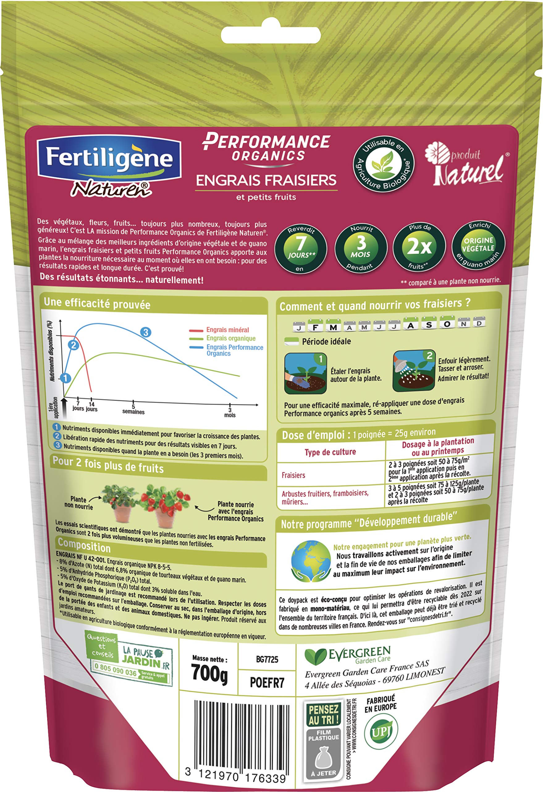 FERTILIGENE NATUREN POEFR7 - Engrais Granulés Performance Organics Fraisiers, Petits Fruits UAB 700 g - Résultats dès 1 semaine - Récoltes x2 - Extraits végétaux enrichi en guano marin - Pour 14m²