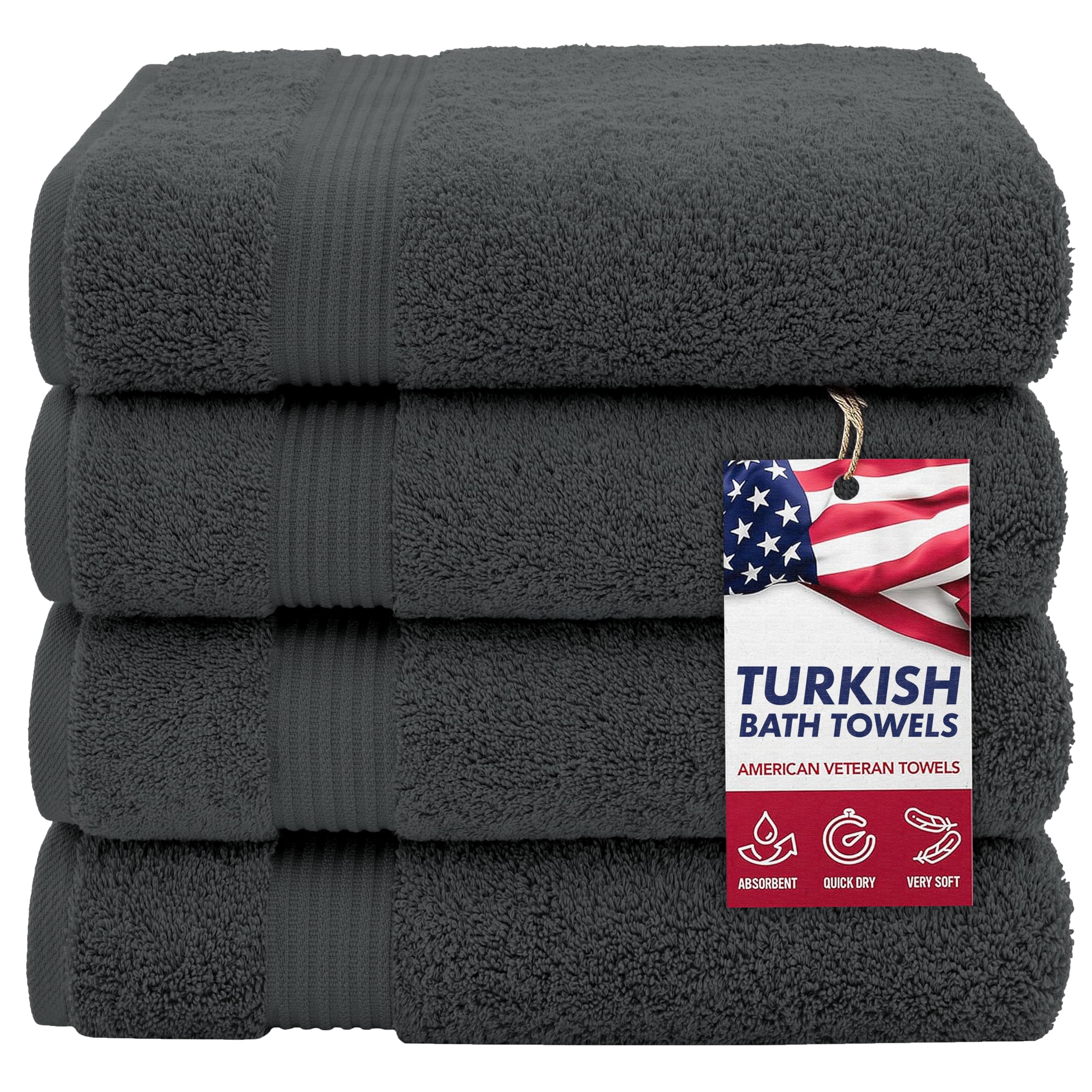 American Veteran Towel, 100% Cotton Turkish Bath Towels for Bathroom 4 Pack, 27x54 Extra Large Premium Soft Drying Bathroom Towels, Dark Gray