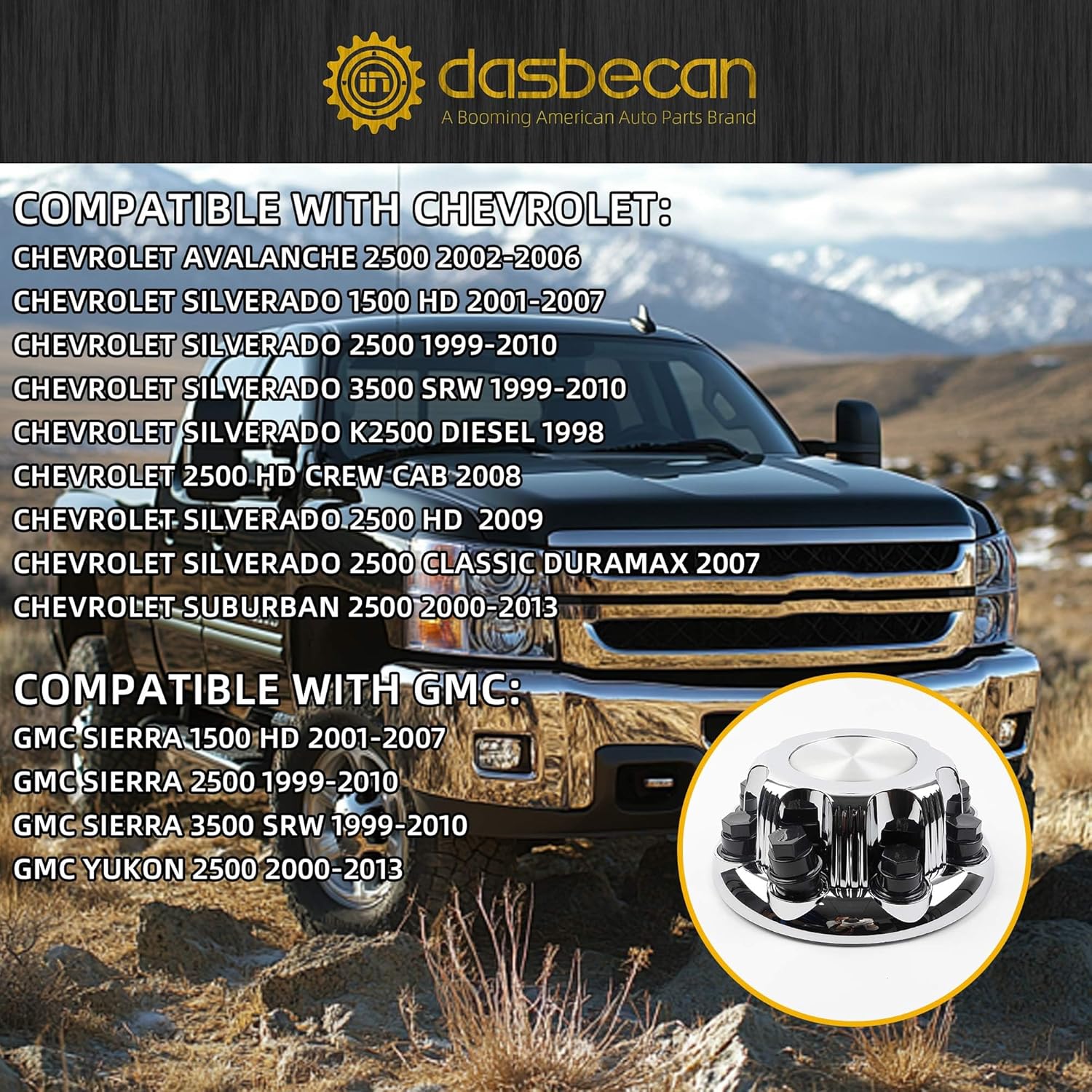 Dasbecan 4PCS Wheel Center Hub Caps& 8 Lugs Compatible with Chevrolet Avalanche 2500 2002-2006 Chevy Silverado 1500 HD 2500 3500 GMC Sierra 1999-2010 16 Inch Hubcaps Replaces 5079 15039489 15039488