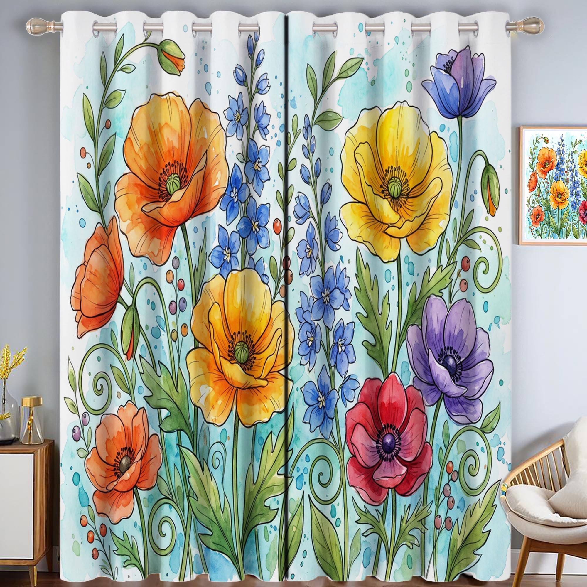 Orange Blickdicht Vorhänge, Mohnblume Gänseblümchen Rose Verdunklungsvorhänge Mit Ösen Gartenblumen Thermovorhang Für Wohnzimmer Schlafzimmer - H140 X B90 cm (2Er Pack)