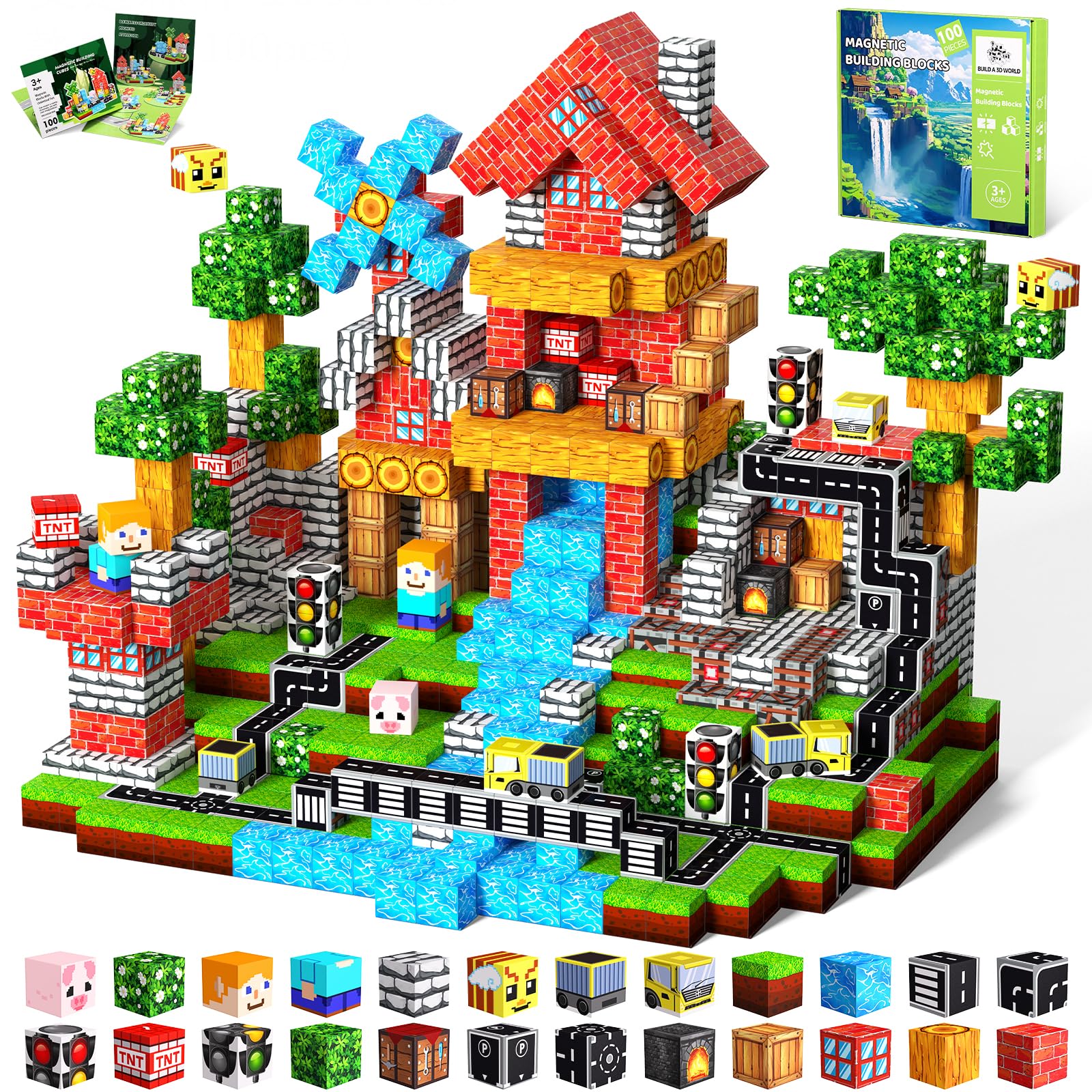 Magnetische Bausteine Bauspielzeug 100 Pcs Magnetbausteine für Kinder Montessori Kreative Spielzeug ab 3 4 5 6 7 8 9 10 Jahre Junge und Mädchen Magnetic Blocks Geschenke für Kinder（Waldtransport）