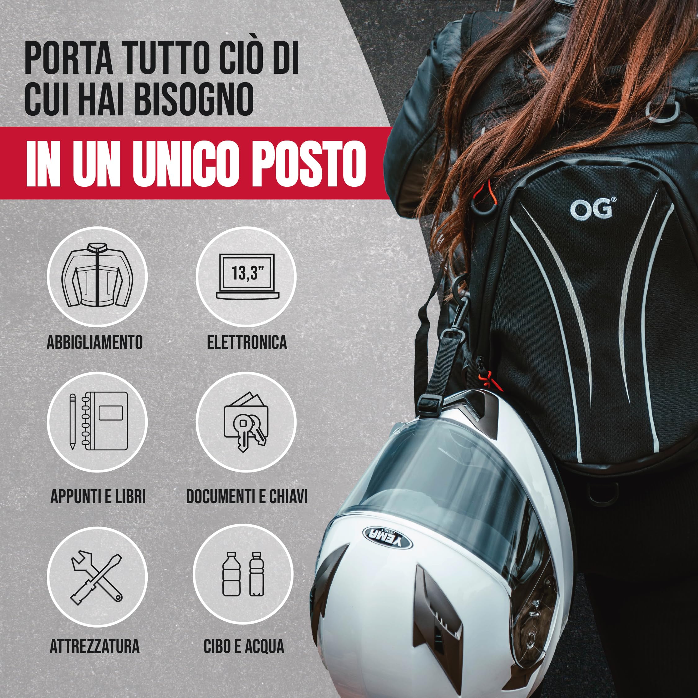 OG Original RoadRunner Zaino Moto Impermeabile Nero Leggero 20L, Borsa Porta-Casco Moto, Cinghia per Casco, Ciclismo, Antifurto, Portatile, Rifrangente