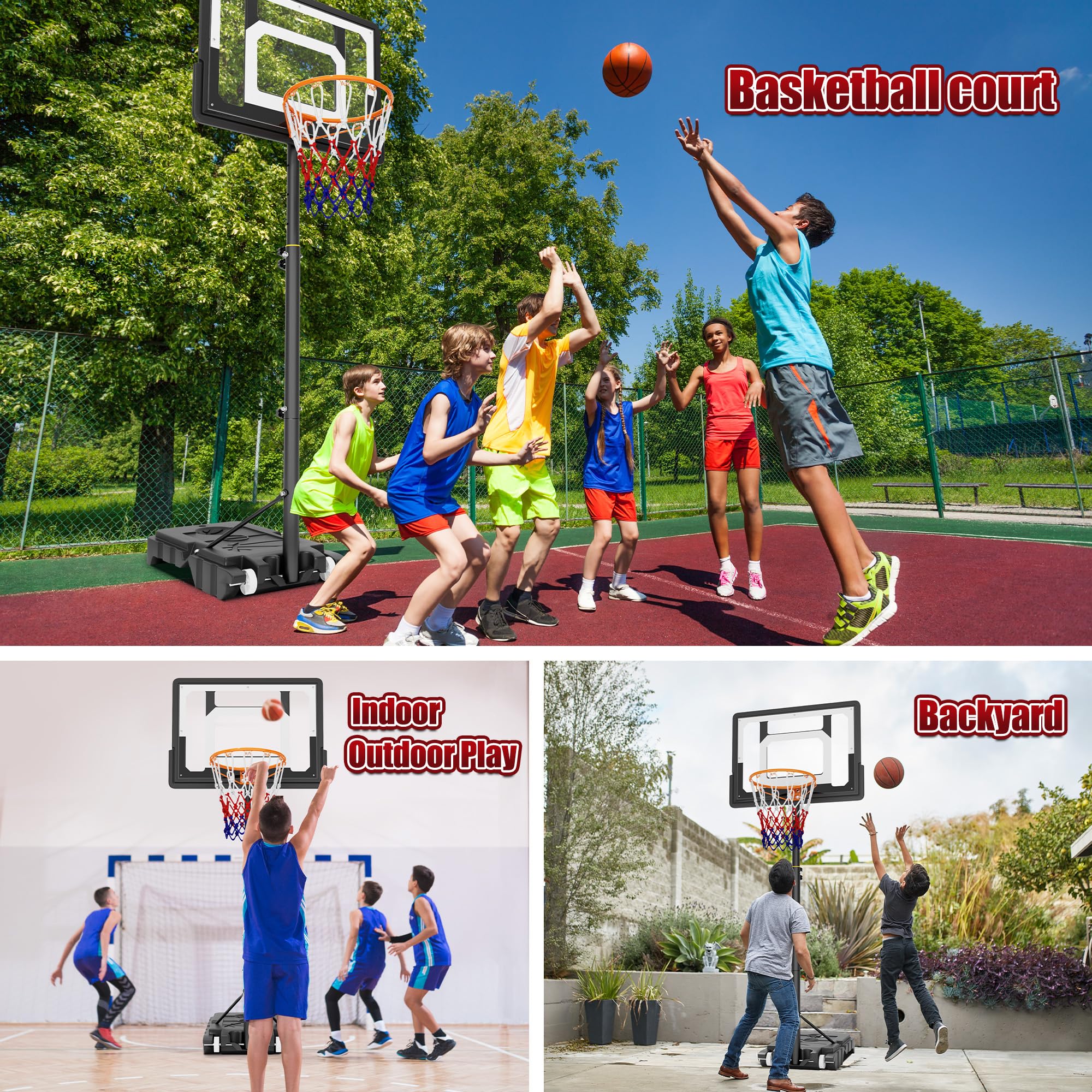 SogesHome Soporte de baloncesto ajustable en altura, canasta de baloncesto con soporte, canasta de baloncesto móvil para el jardín con ruedas, canasta de baloncesto rellenable con agua o arena