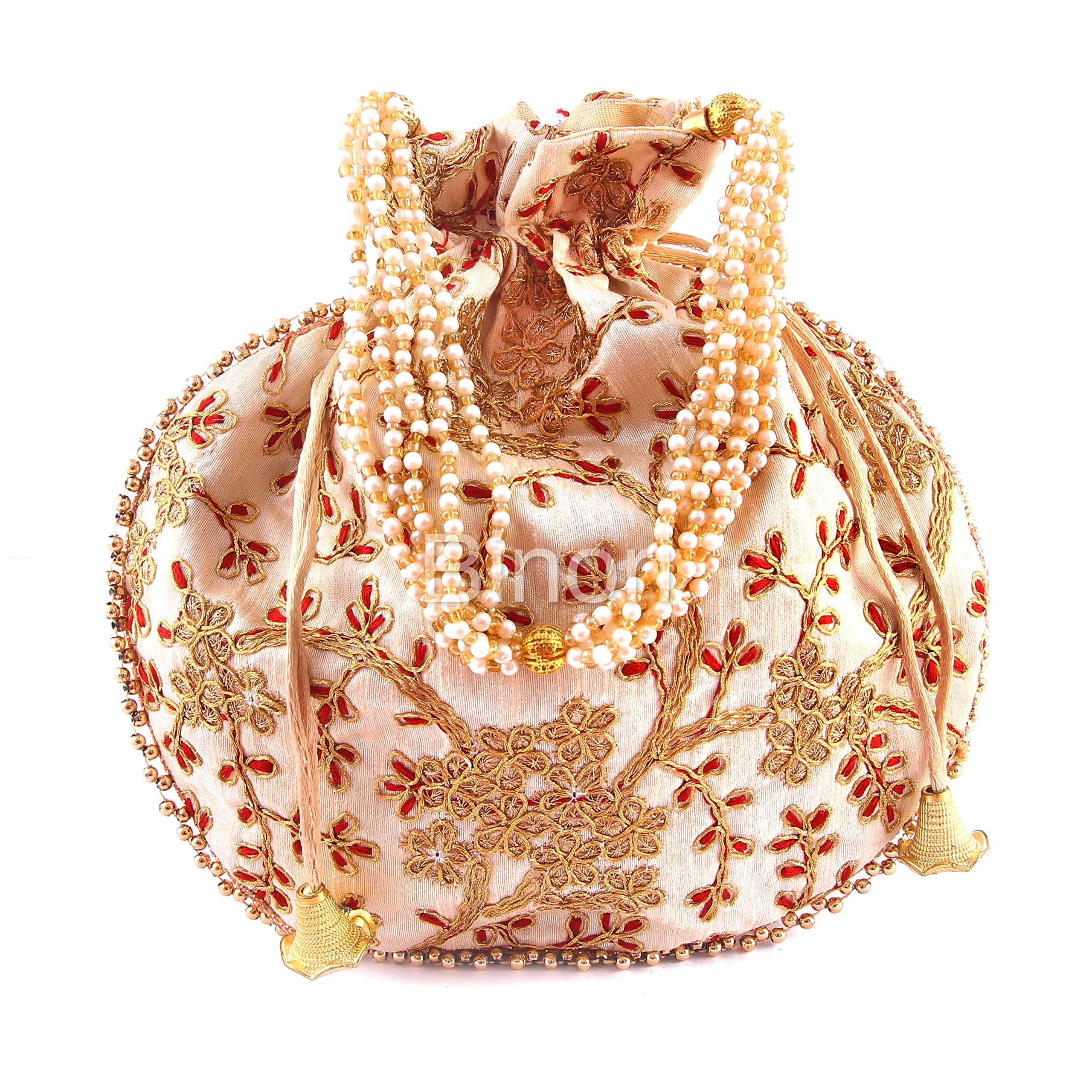 BINORI FASHIONS Rajasthani Style Royal Clutch Silk Batwa Bag Wristlets Ethnic Potli For Womens Zari Work Potli Bridal Potli (Beige-Maroon) (B09LTCJW8C) Amazon Price History, Amazon Price Tracker
