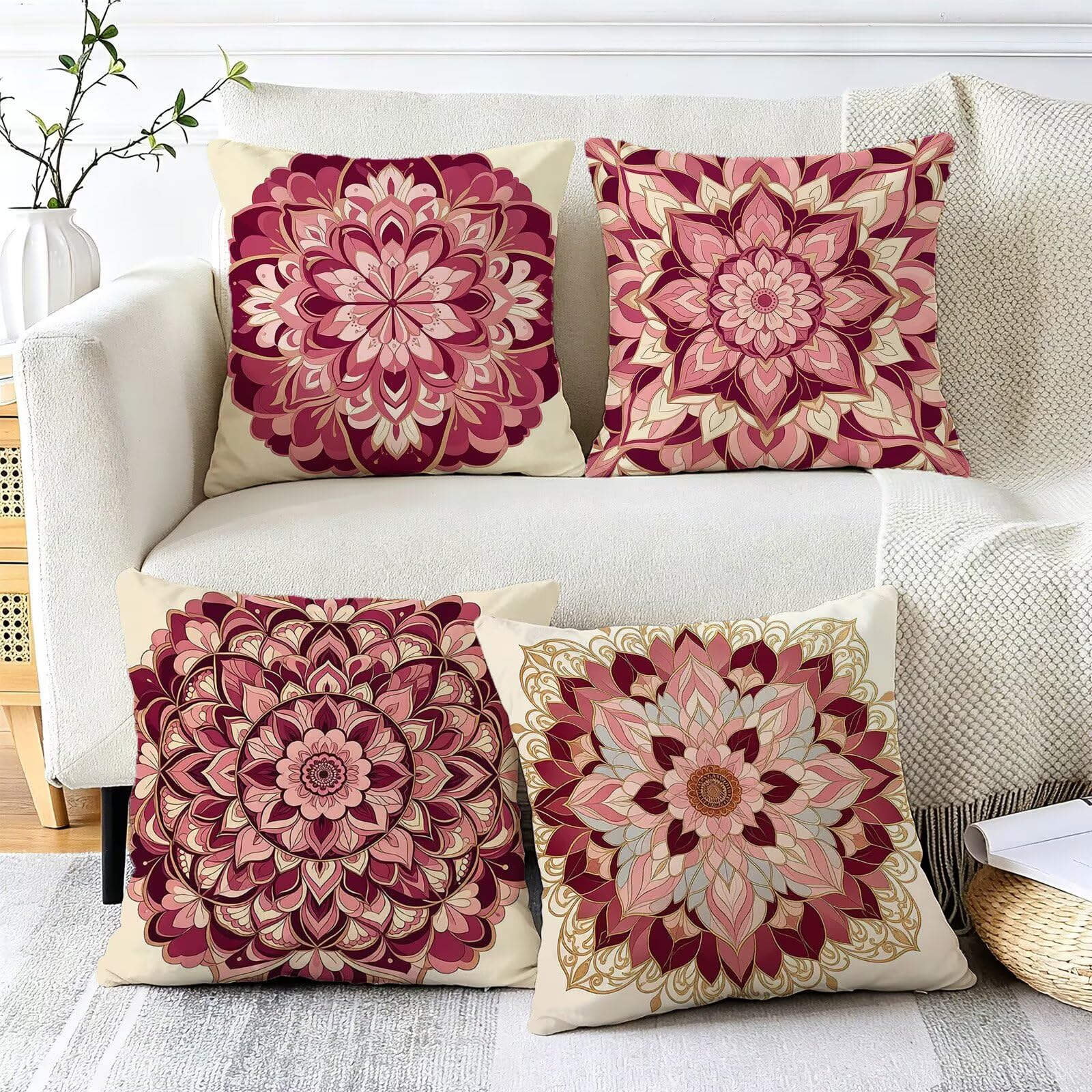 Rosa Federe Cuscini Divano 60x60cm, Cuscini da Esterno Set de 4, Cod-464