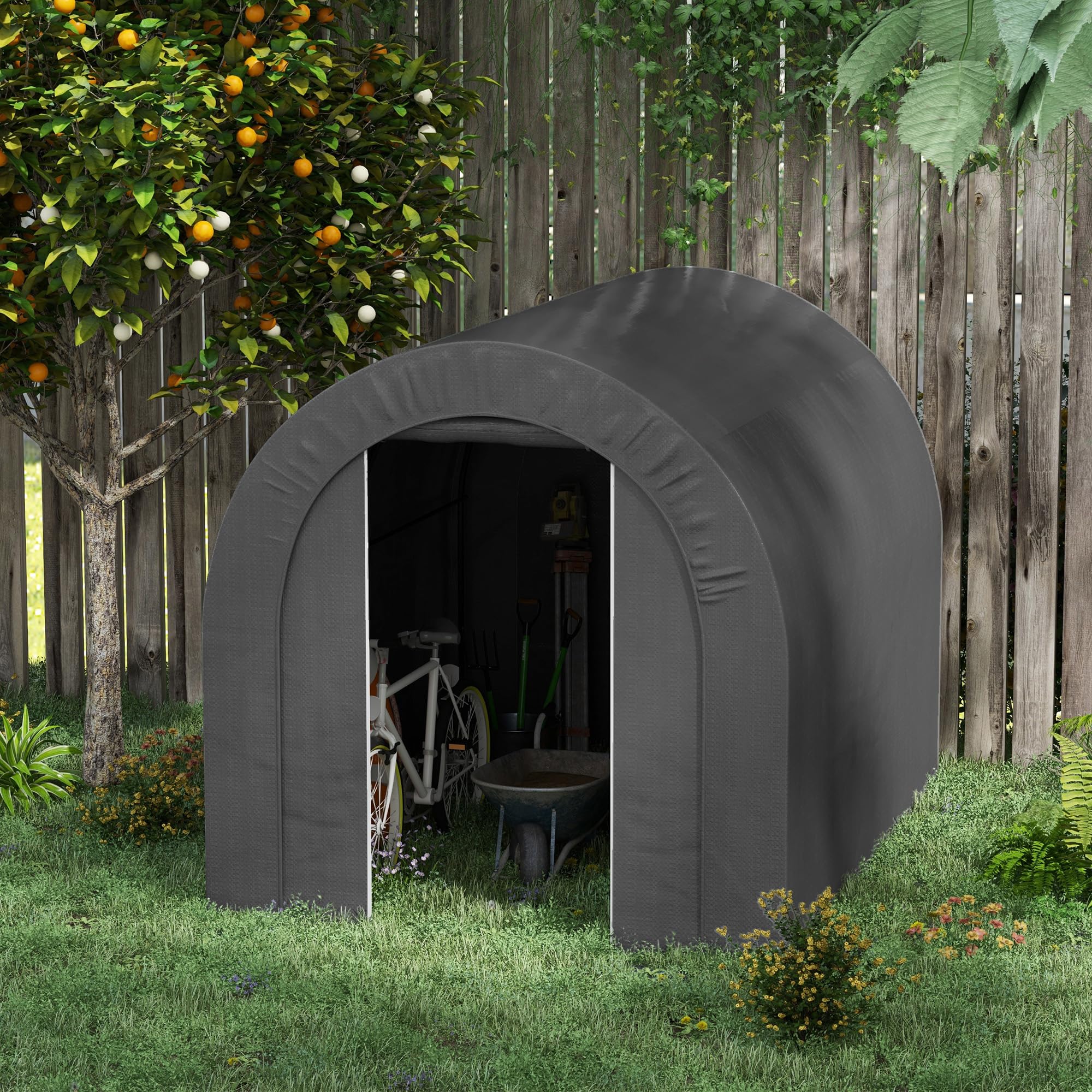 Outsunny Refugio de jardín Tienda de almacenamiento al aire libre cobertizo de bicicleta Garaje para bicicleta lona de PE Marco de metal galvanizado dim. 2,4 x 1,8 x 1,9 m gris oscuro