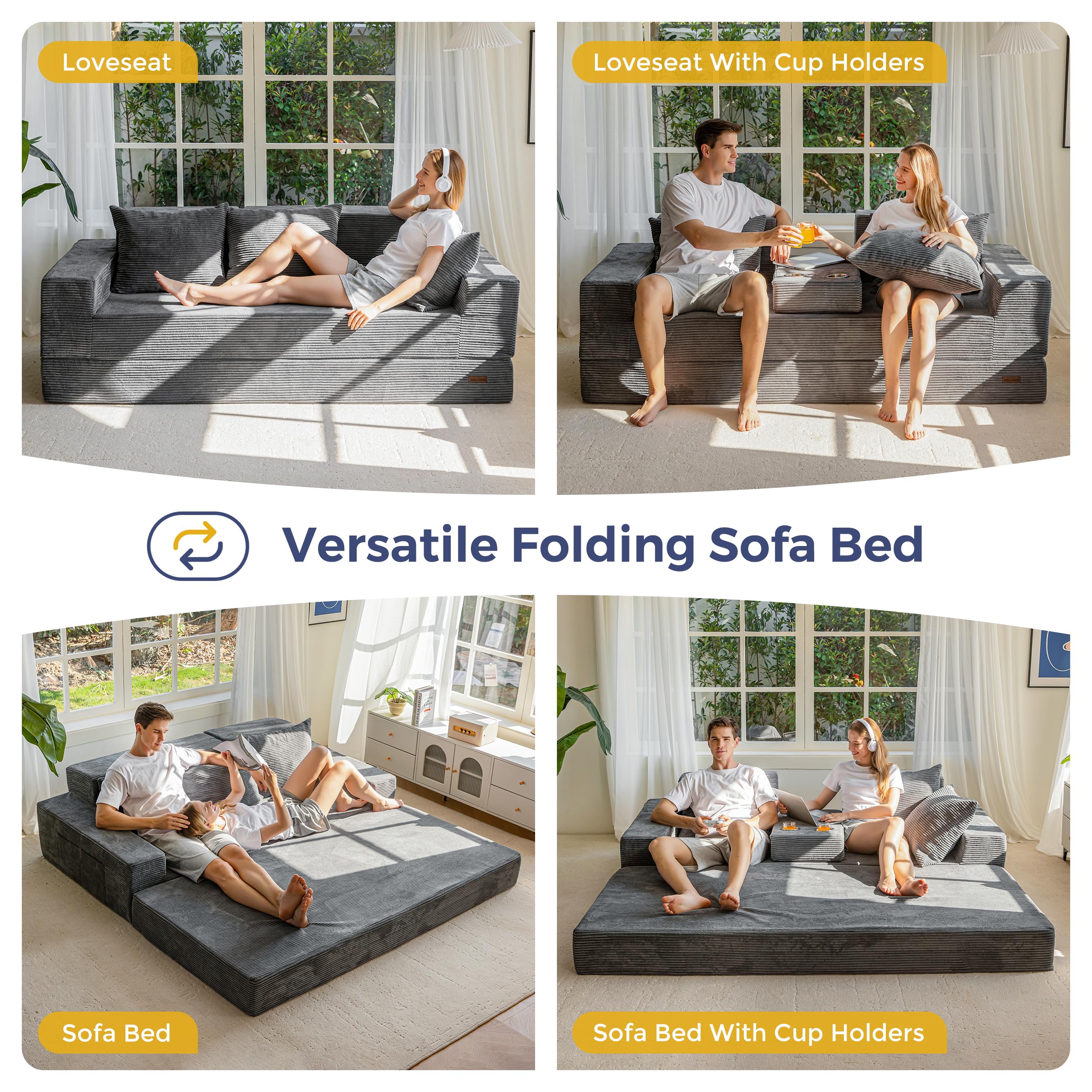 MAXYOYO Klappbares Schlafsofa, Cord-Bodensofa mit Getränkehalter | Ausziehbares Schlafsofa mit Getränkehalter und Kissen, bequemes Kompressionssofa für Wohnzimmer, Schlafzimmer, Gästezimmer