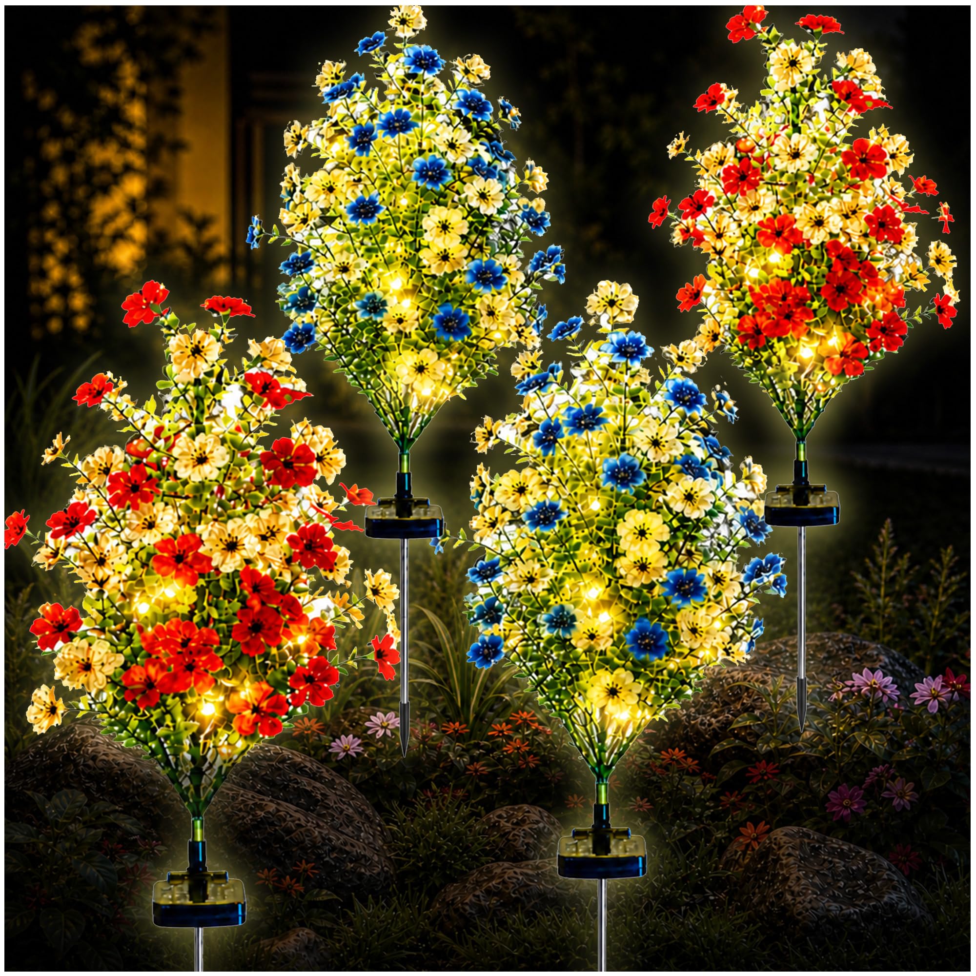 DooYard Solar Violet Garden Lights 4 Pack - Glowing Violet Flowers & Stems, Upgraded Solar Panel, Outdoor Decorative Lights for Garden Lawn Patio Pathway Yard, Gift for Mom (4 Pack)