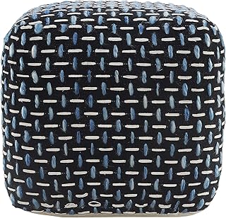 LR Home Modern Interwoven Geometric Pouf, Blue/White/Navy, 16