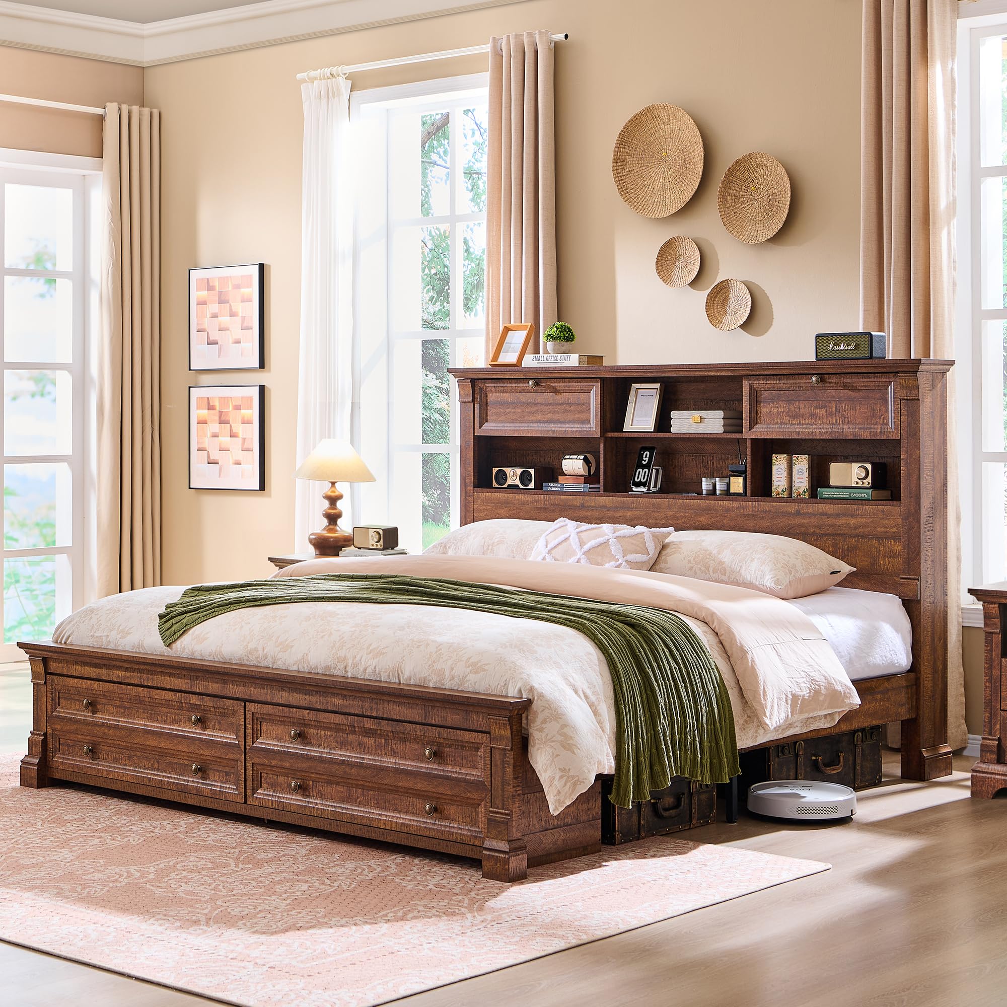 Farmhouse King Size Bed Frame with 54" Tall Headboard, Headboard with 4 Storage Rack, 2 Drawers, Wood Platform Bed Frame,18" Roman Column Decoration Footboard, No Box Spring Needed(Reclaimed Barnwood)