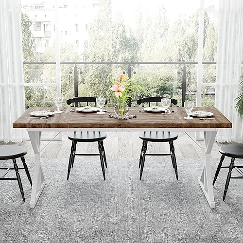Miniatura 4 de Mesa de comedor de granja para 6-8 personas, mesa de comedor rectangular de madera de 70.8 pulgadas, mesa de cocina rústica con patas de metal extra