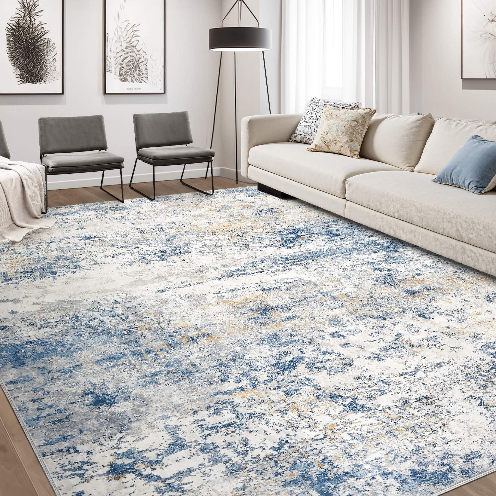dmoyest area rug living room rugs - 9x12 abstract large soft indoor washable rug neutral modern low pile carpet for bedroom dining room farmhouse home office - blue