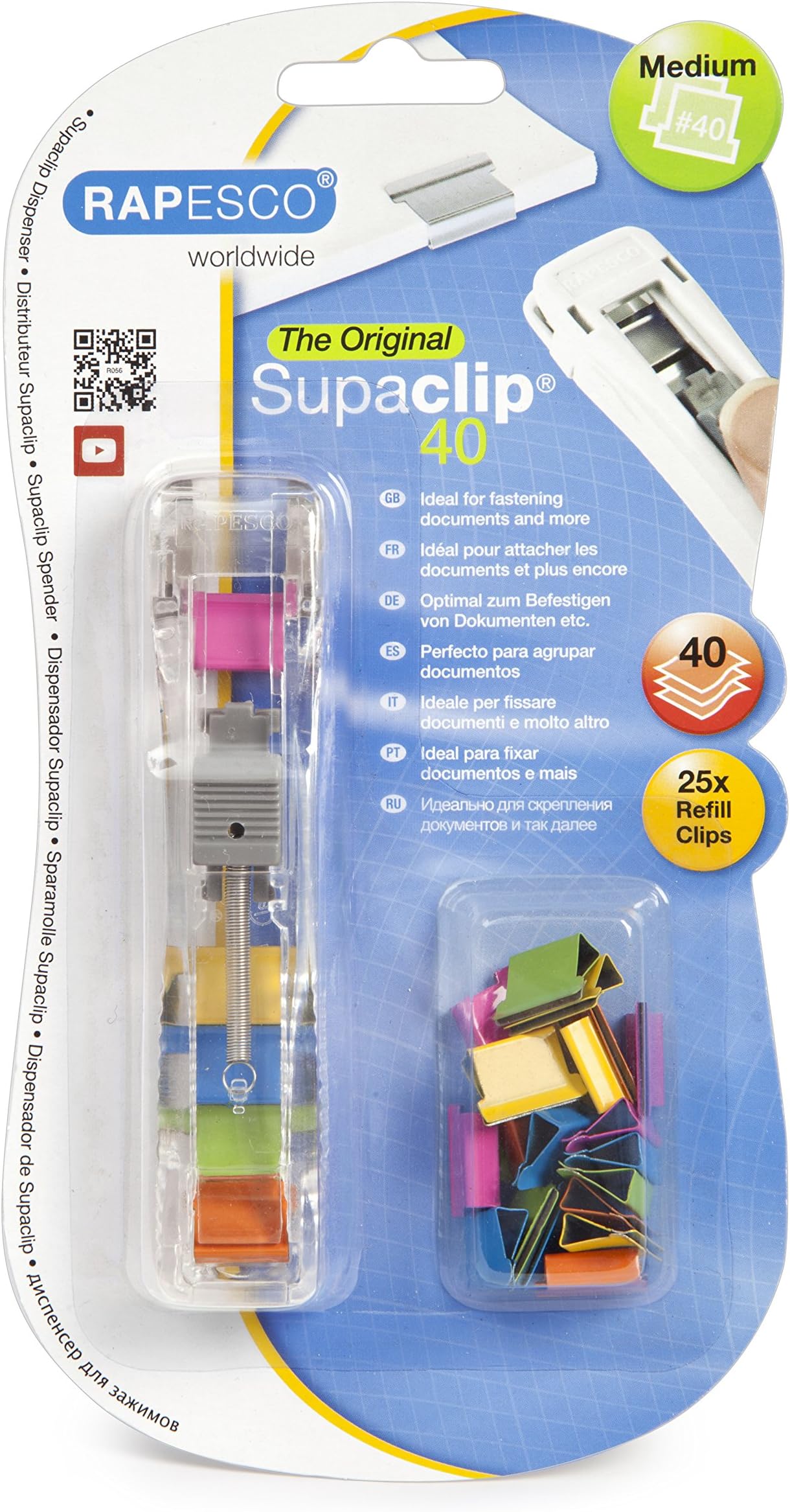 Rapesco Supaclip #40 Dispenser with 25 Multicoloured Refill Clips (RC4025MC)