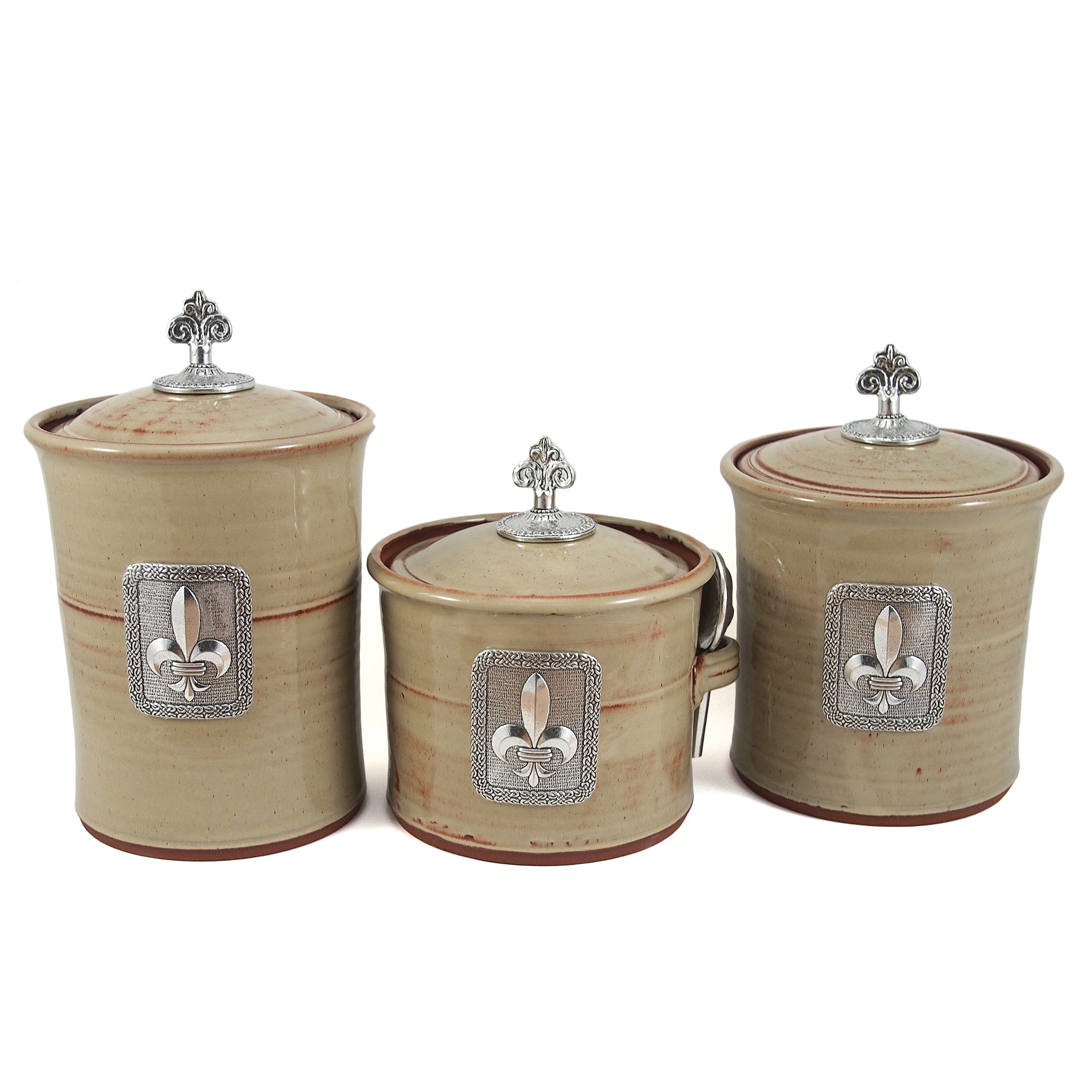 Oregon Stoneware Studio Fleur de Lys Canister Set with Pewter Finials, Latte
