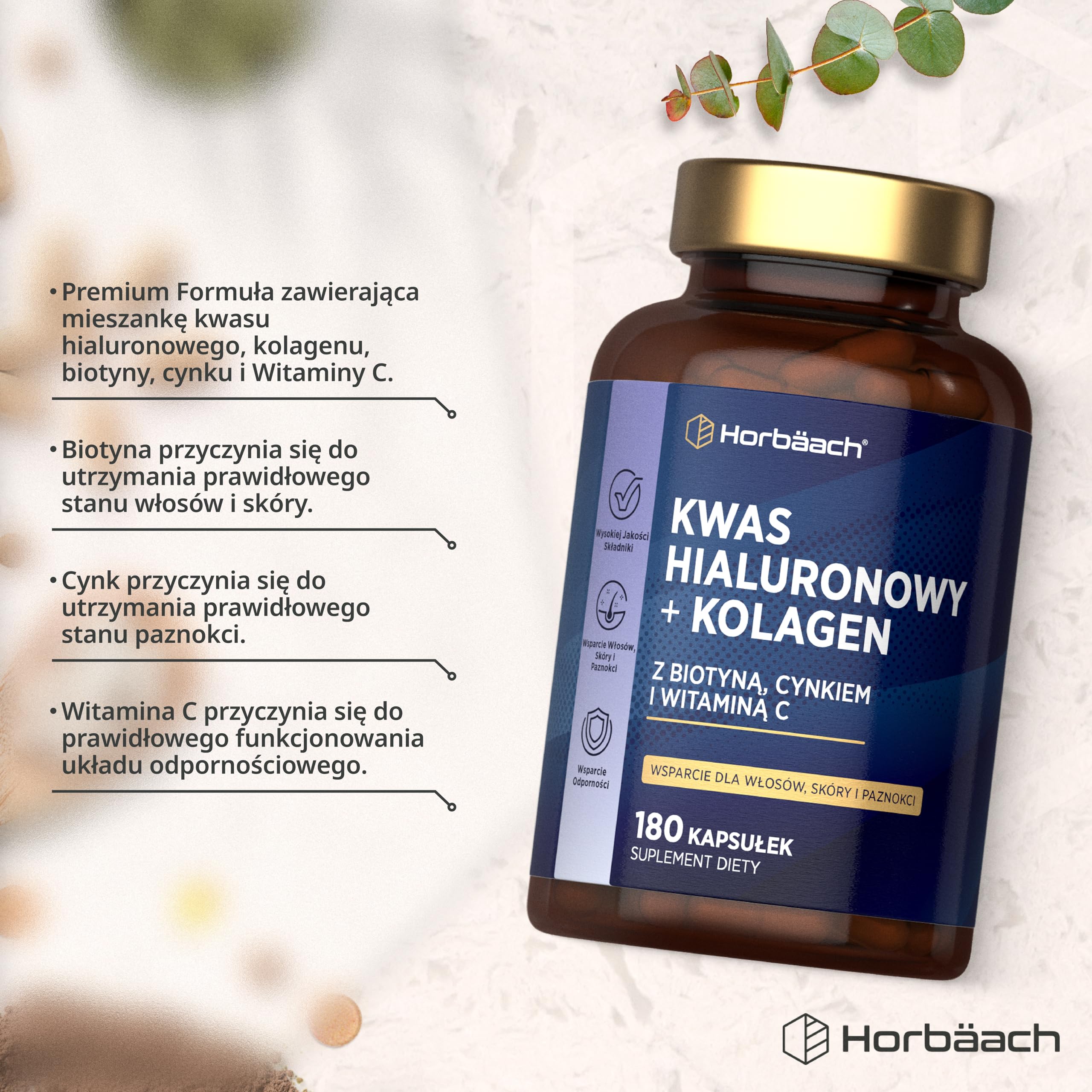 Kolagen z Kwasem Hialuronowym | Hydrolizowane Peptydy Kolagenu Typu I i III | Z Dodatkiem biotyny, cynku i Witaminy C | Suplement na Włosy, Skórę i Paznokcie | 180 Kapsułek | marki Horbaach