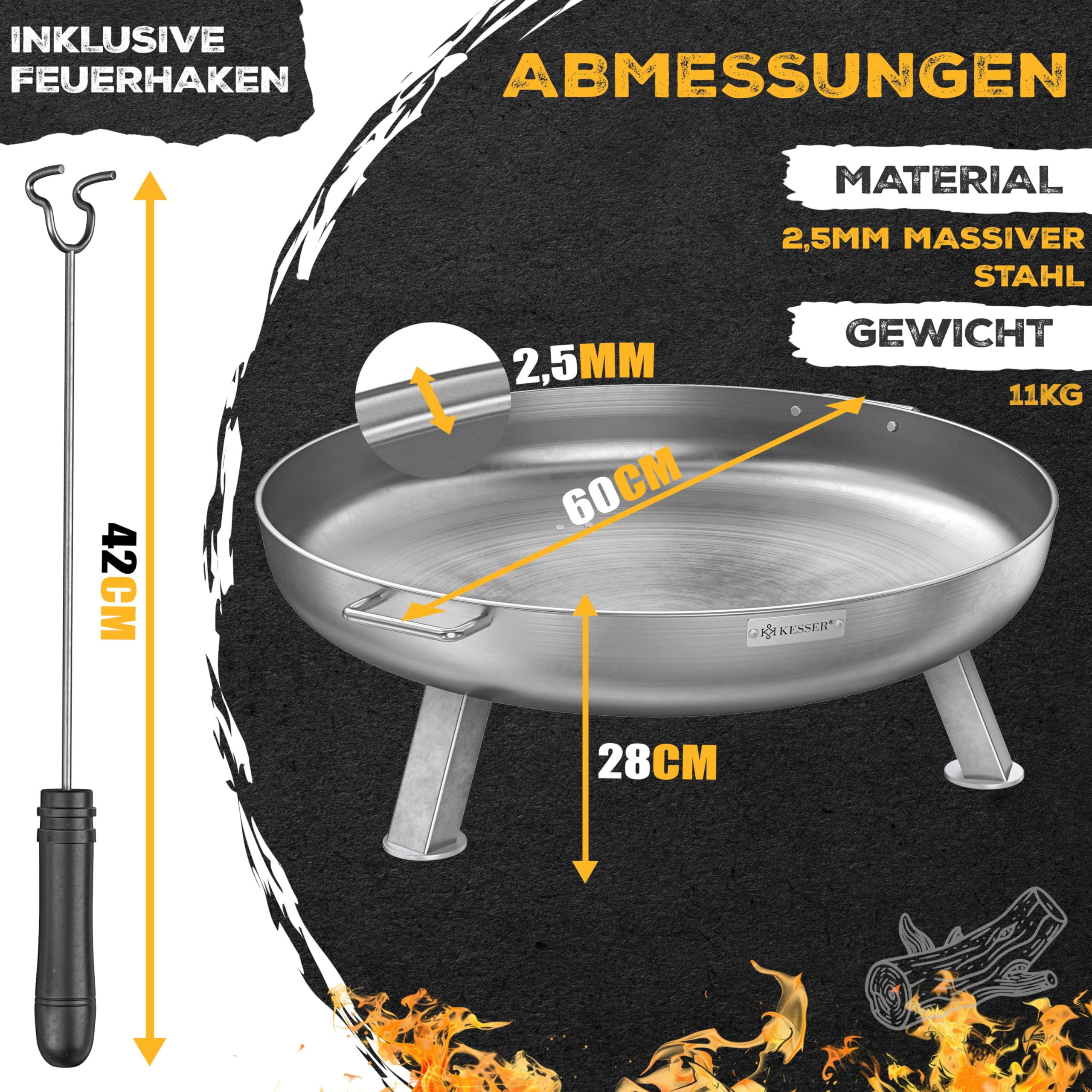 KESSER Braciere in acciaio inox 2,5 mm di spessore diametro 60 cm 42 cm gancio in ghisa 2 maniglie solide per falò, giardino e terrazza