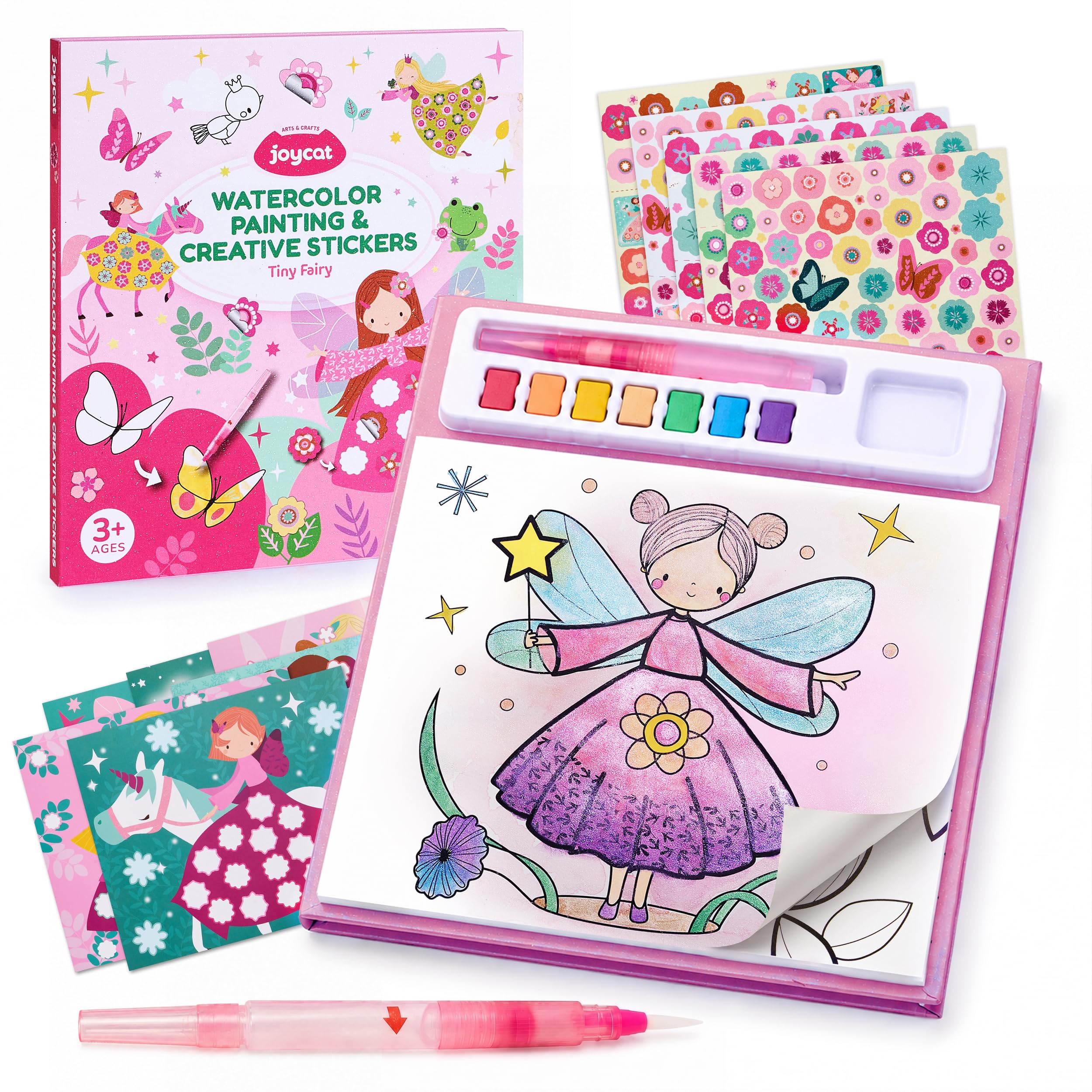 JoyCat Paint with Water Coloring Books & Creative Sticker(Tiny Fairy) | Watercolor & Sticker Activity - 200 Pcs Stickers for Kids, Toddler Painting Set, Art & Craft Travel Toy Gifts for Boys Girls