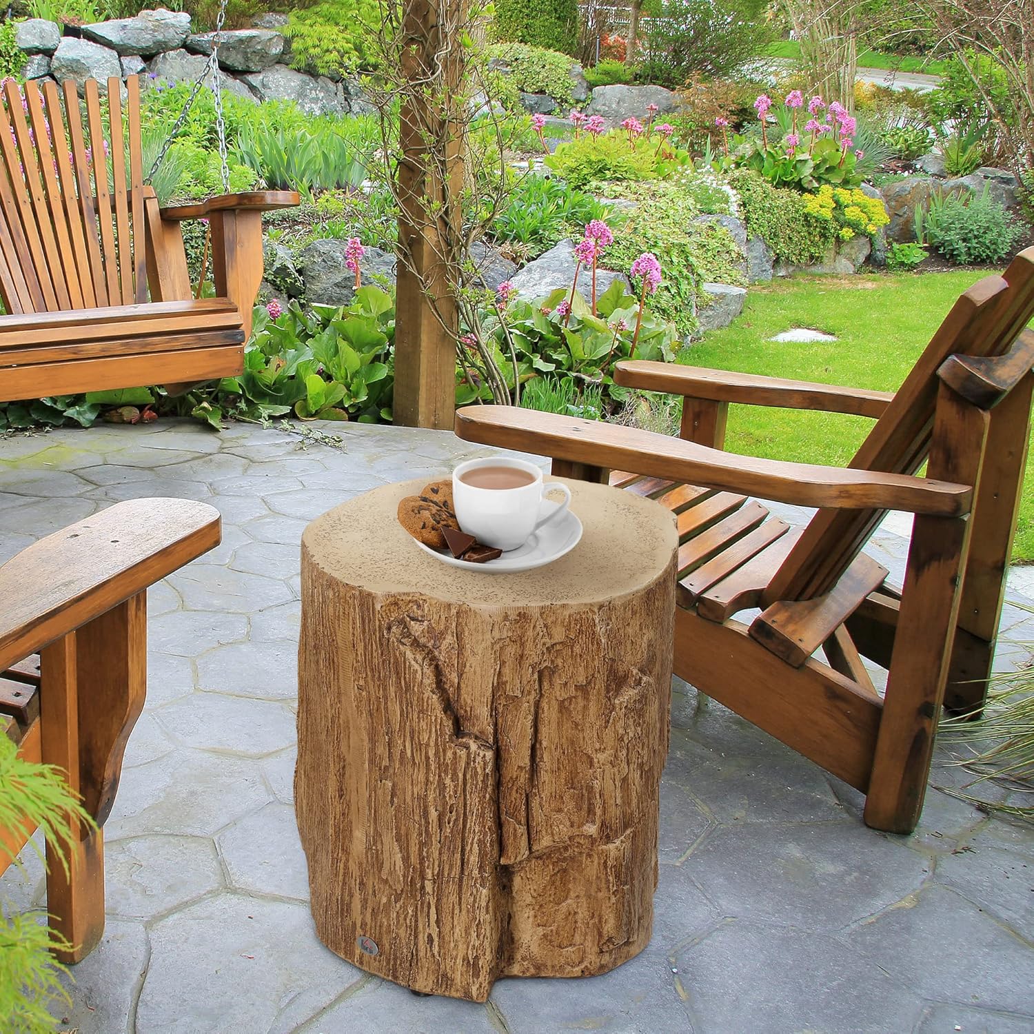 HOMCOM Tree Stump Stool, Decorative Side Table with Round Tabletop, Concrete End Table with Wood Grain Finish, for Indoors and Outdoors, Set of 2, Natural