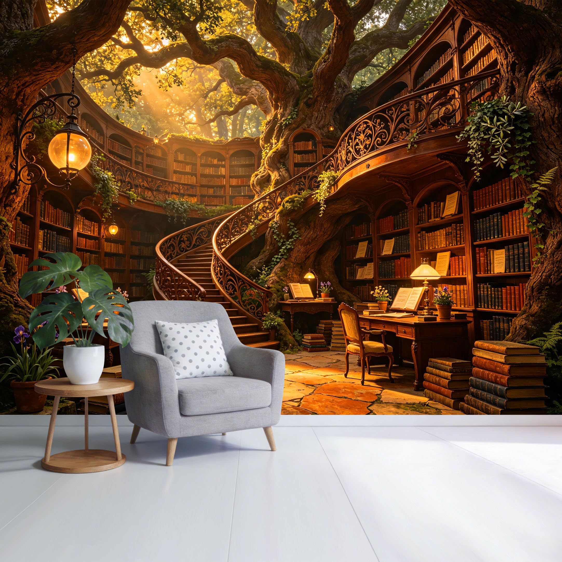 Custom Size Wall Mural Enchanted Ancient Tree Library Bookshelf 3D Trompe L'Oeil Removable Self Adhesive Fabric，Home Wall Decor for Living Room Bedroom Bathroom