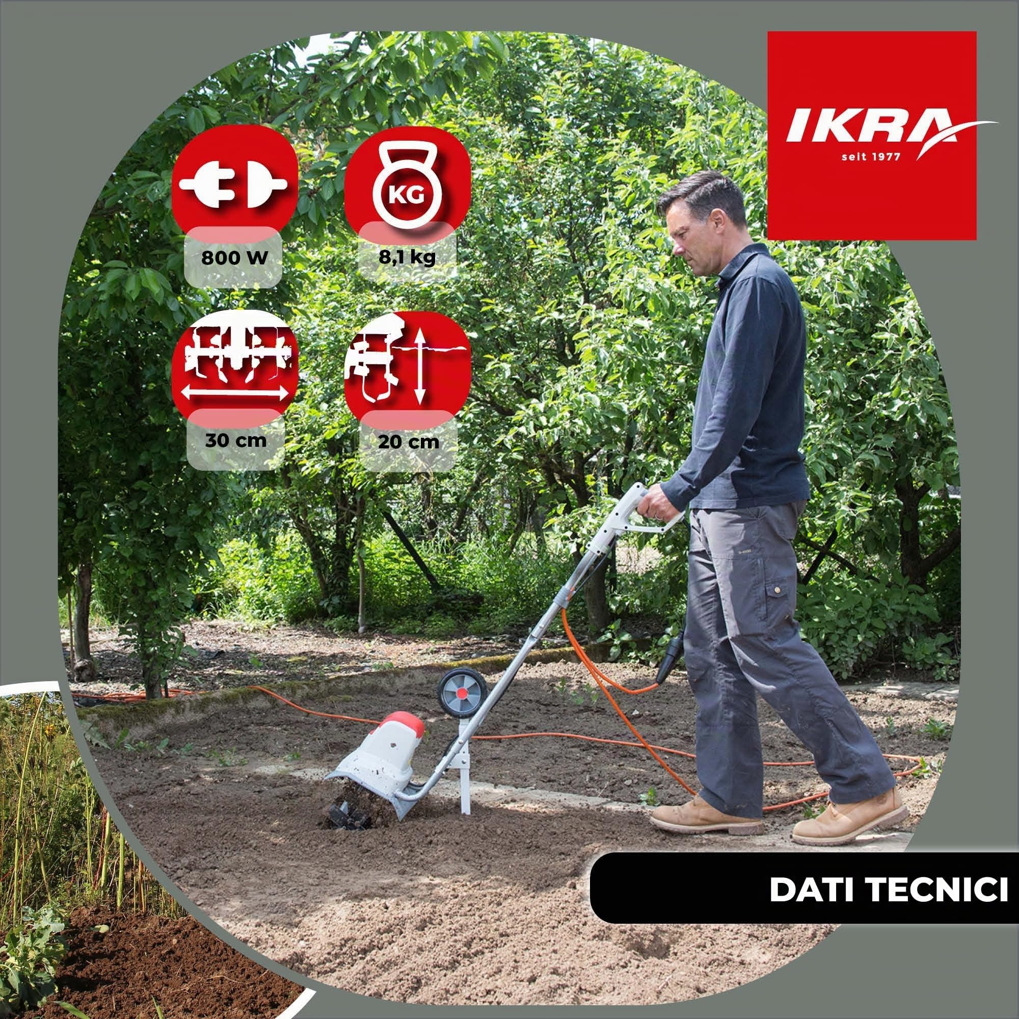 IKRA motozappa elettrica IEM 800S, larghezza di lavoro 30cm, profondità di lavoro 20cm, 800 W