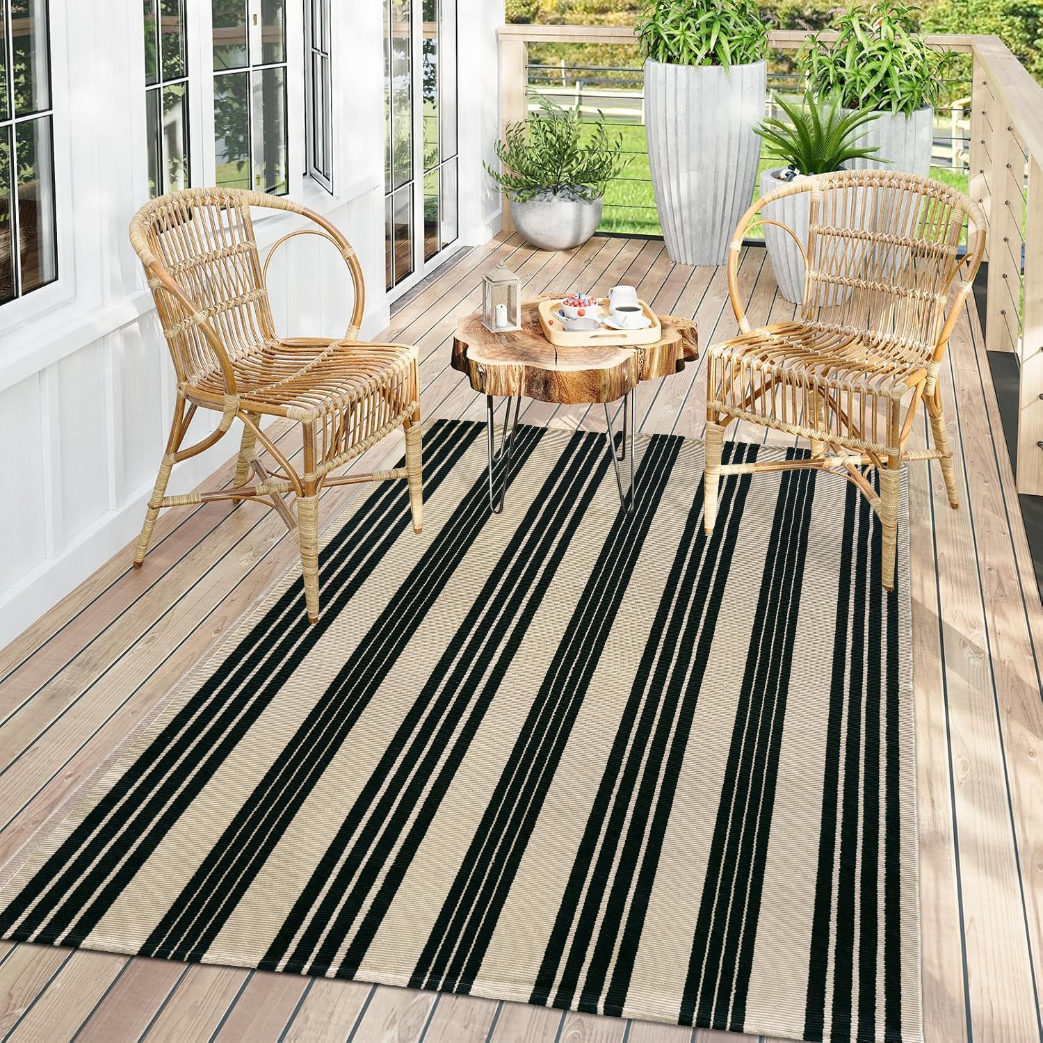Indoor Outdoor Rug 3x5 Front Door Mat Outdoor Cotton Welcome Mat Outdoor Farmhouse Layered Mat Washable Stripe Outdoor Mats for Entrance Front Door Porch Balcony(Black/Tan) — view 13