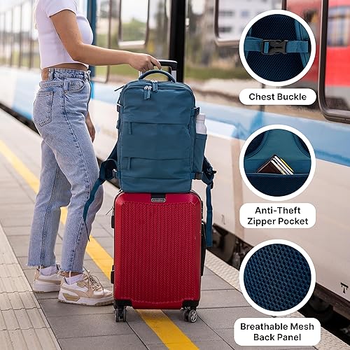 Miniatura 3 de Carrywell Mochila de viaje, mochila de mano con compartimento para zapatos, capacidad para laptop de 15.6 pulgadas, puerto de carga USB, Azul
