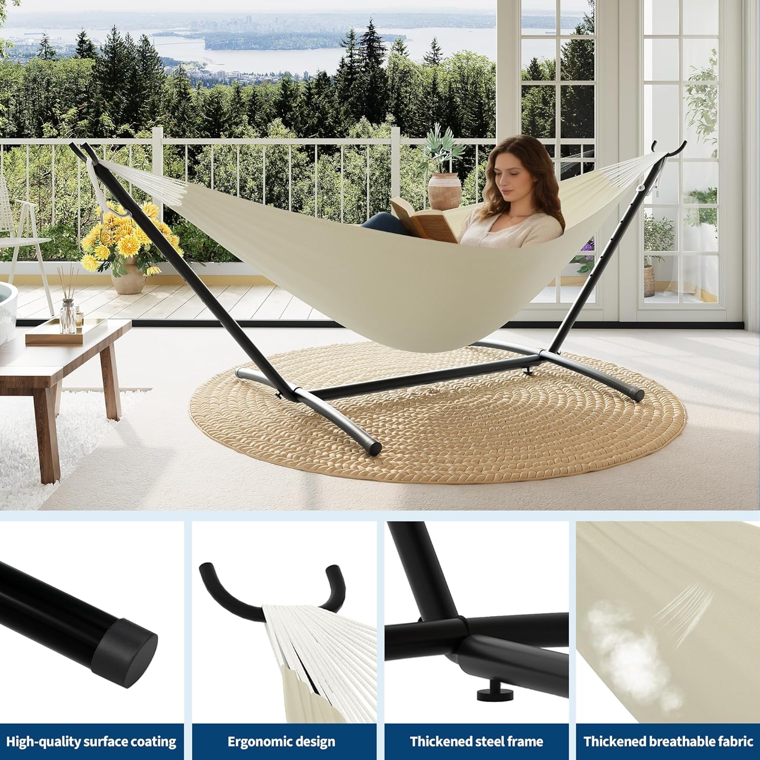 Double Hammocks with Stand for Outside, Portable Space Saving Heavy-Duty Steel Stand for Indoor Outdoor Patio with Carrying Bag, 450 lbs Capacity
