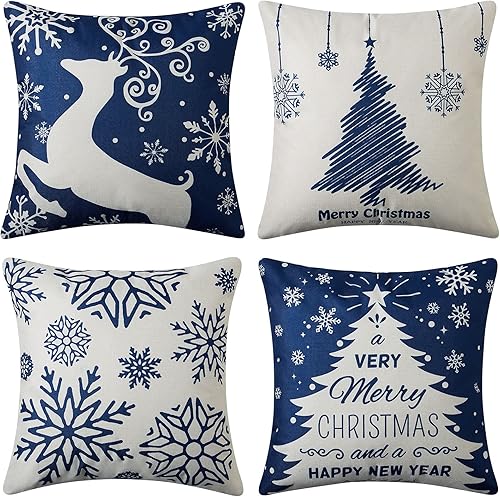 CAROMIO Juego de 4 fundas de almohada decorativas de Navidad de 18 x 18 pulgadas, decoración navideña de granja para el hogar, diseño de copos de