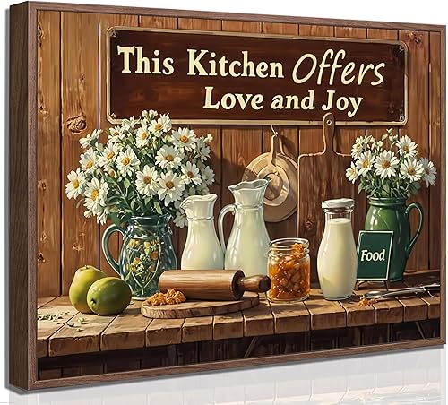Lienzo enmarcado para la pared, diseño de casa de campo, cocina y bodegón, estilo vintage, rústica, esta cocina, ofrece comida, amor y alegría,