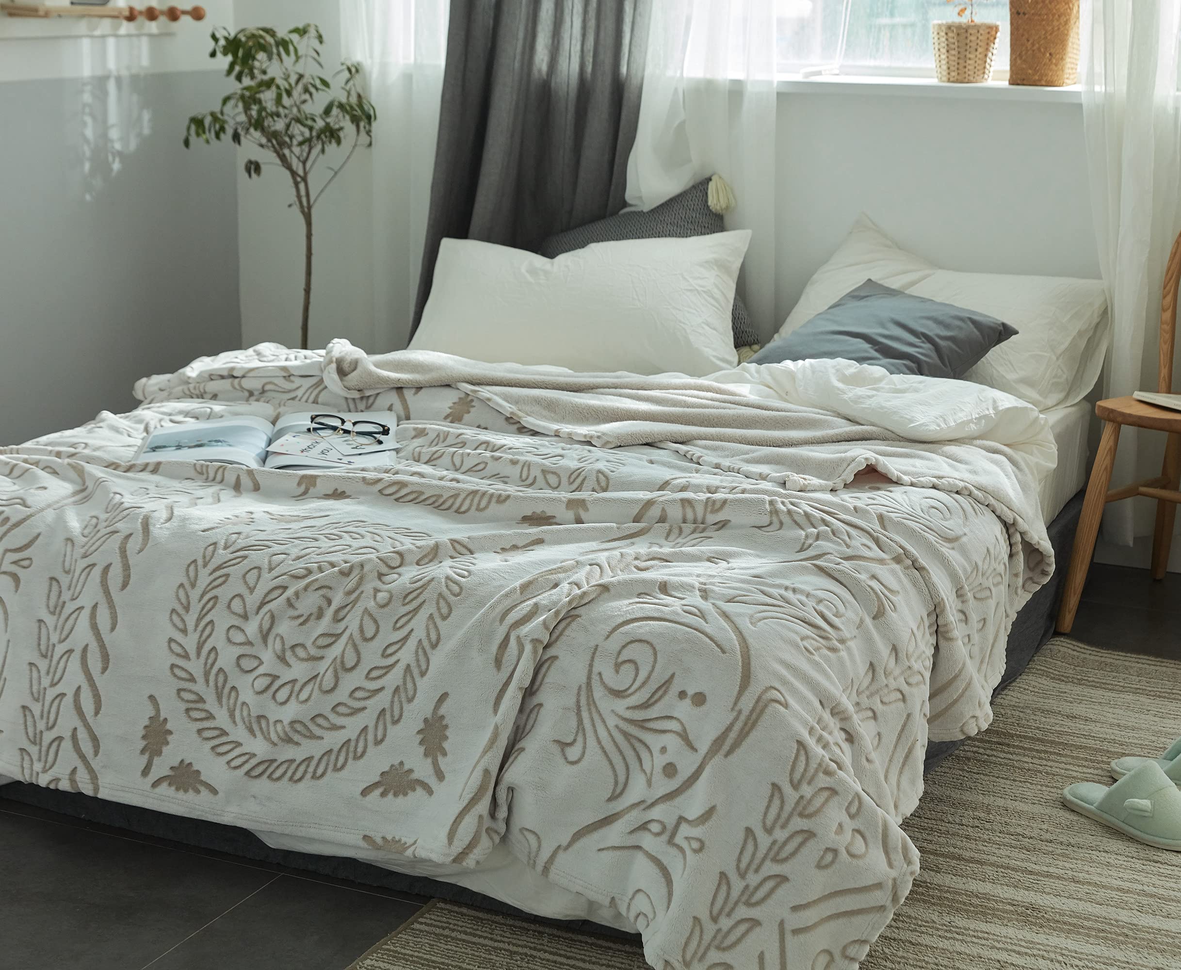 DuShow Large Flannel Fleece Throw Blanket,Jacquard Waffle Textured blanket with Water pattern,Fleece Thermal Thick Bed Blanket,Soft Velvet Fluffy Bed Throw Blanket 200 x 230 CM (King,Boho)