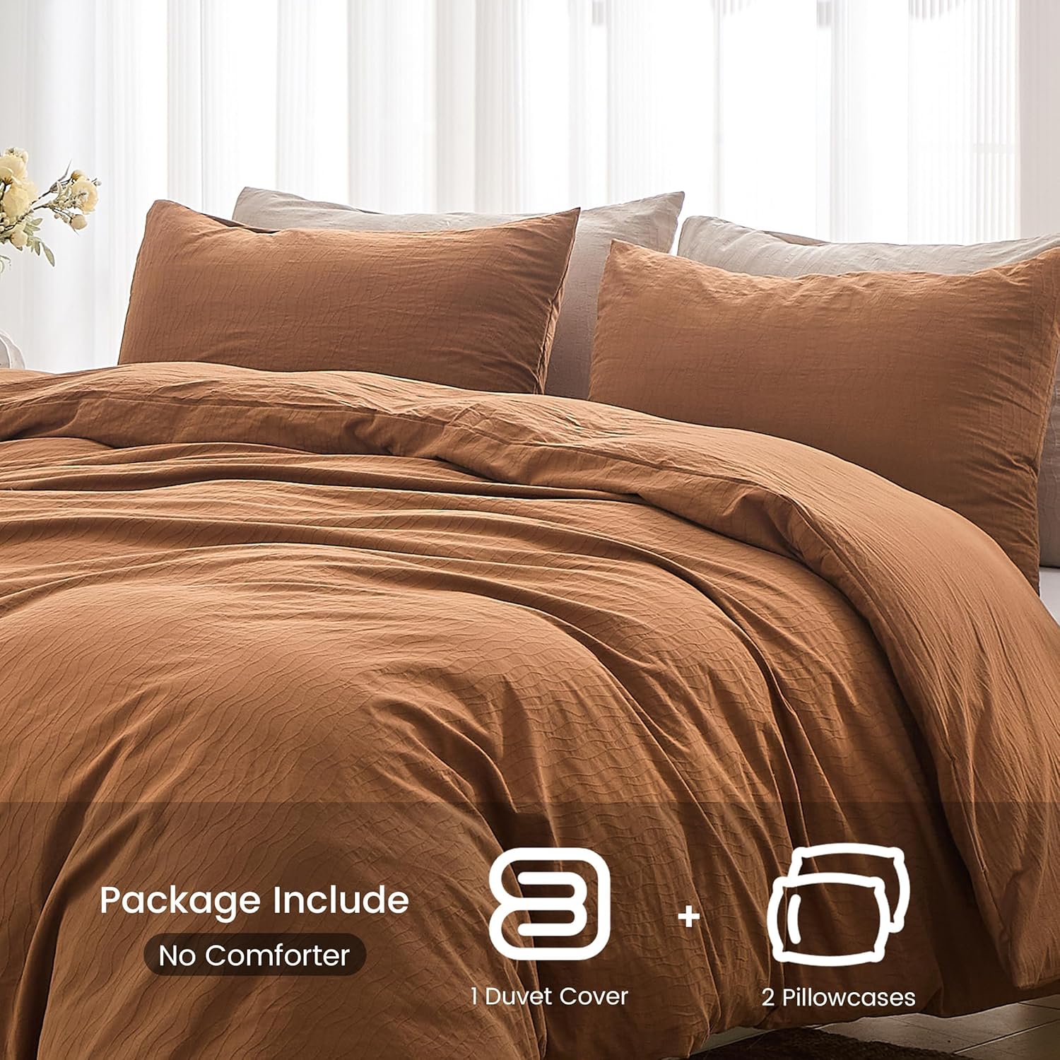 BISELINA 100% Washed Cotton Wave Jacquard Ripple Duvet Cover 3-Pieces Set,Solid,Boho Style, Comfortable, Breathable,Durable,Simple Design for All Seasons (Dark Orange, Queen)