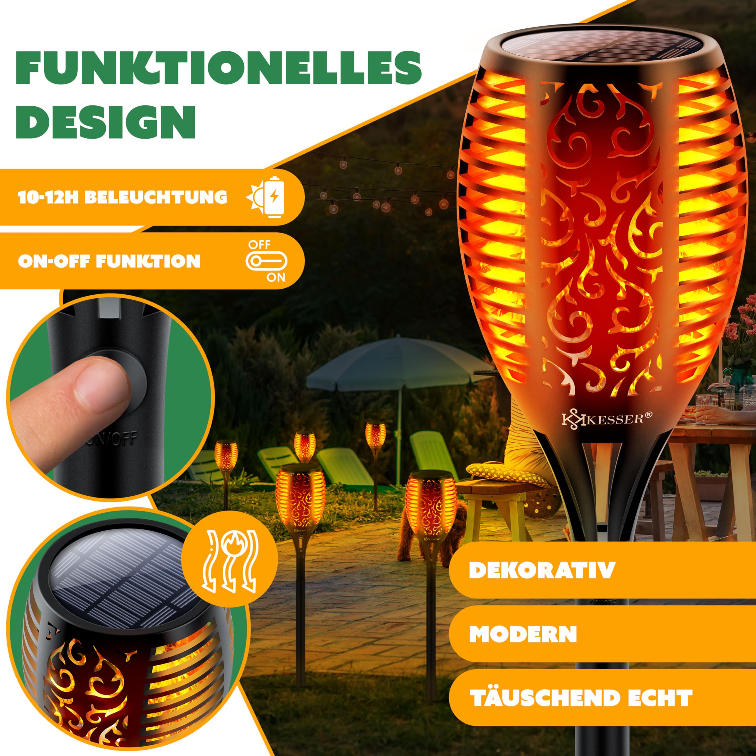 KESSER® Gartenfackel Solar 12er Set Solarleuchten 12 LEDs Flamme mit Wandhalterung + Erdspieß Licht-Sensor Wetterfest Garten Solarleuchte Fackel Lichter LED Gartenlampe Solarlampe Flammenlicht