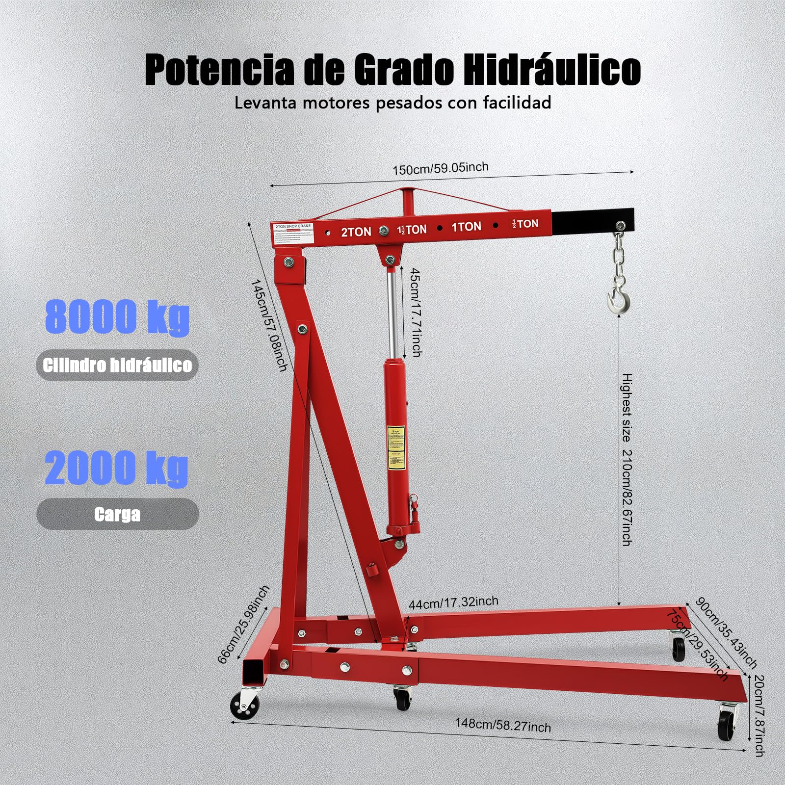 Grúa de taller plegable con 4 posiciones ajustables, 2000 kg, elevador de motor de acero al carbono, 6 ruedas giratorias de hierro, distancia máxima de gancho de 210 cm desde el suelo, color