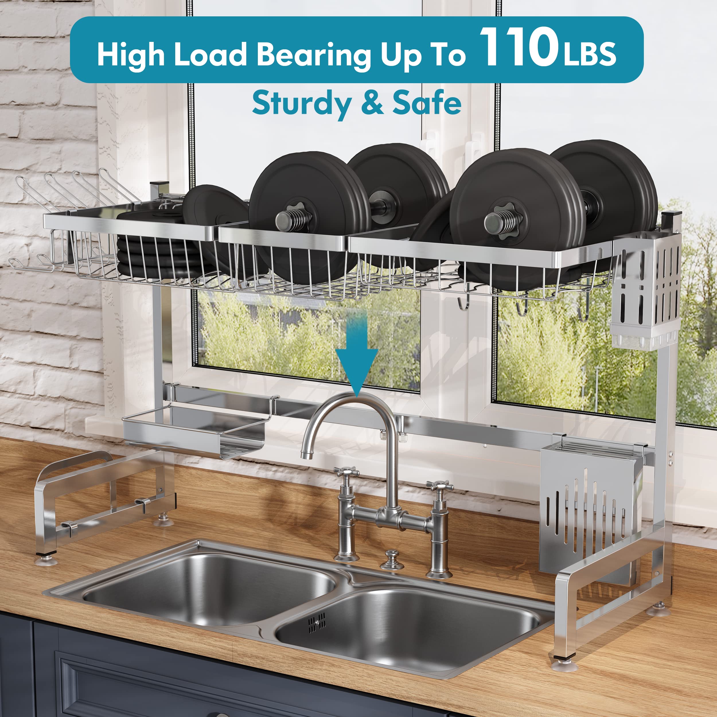 Over The Sink Dish Drying Rack, 2-Tier Adjustable Length(33.5-36.2in ...